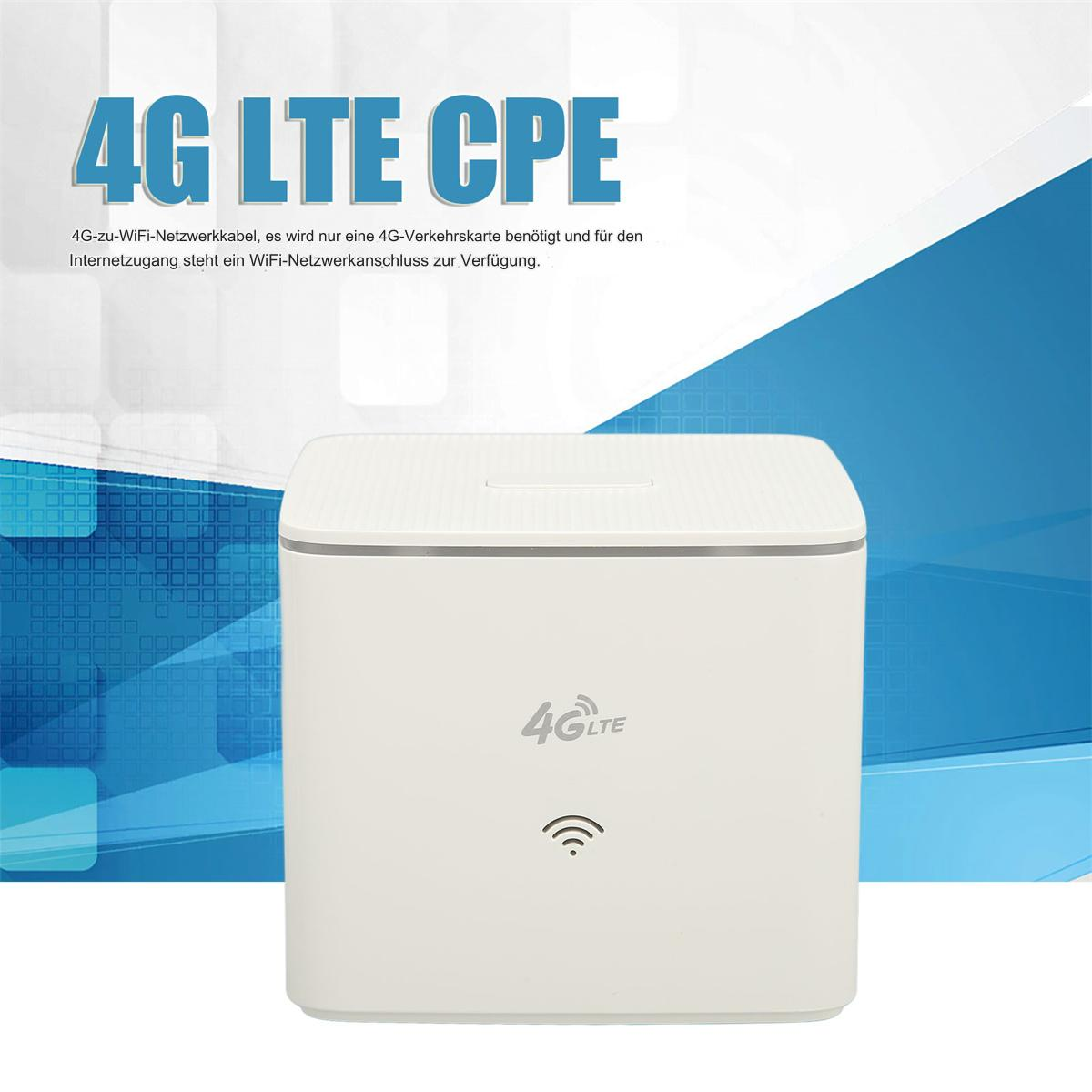 Weißer Router mit Text. Der Text lautet: 4G LTE CPE. Blauer und weißer Hintergrund.
