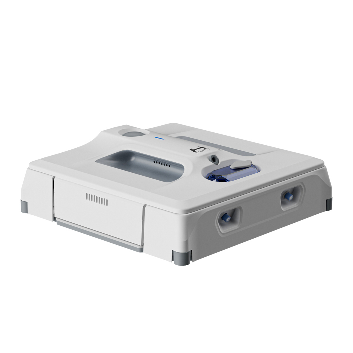 Un appareil de nettoyage robotique blanc avec un accent bleu est présenté sur fond blanc.