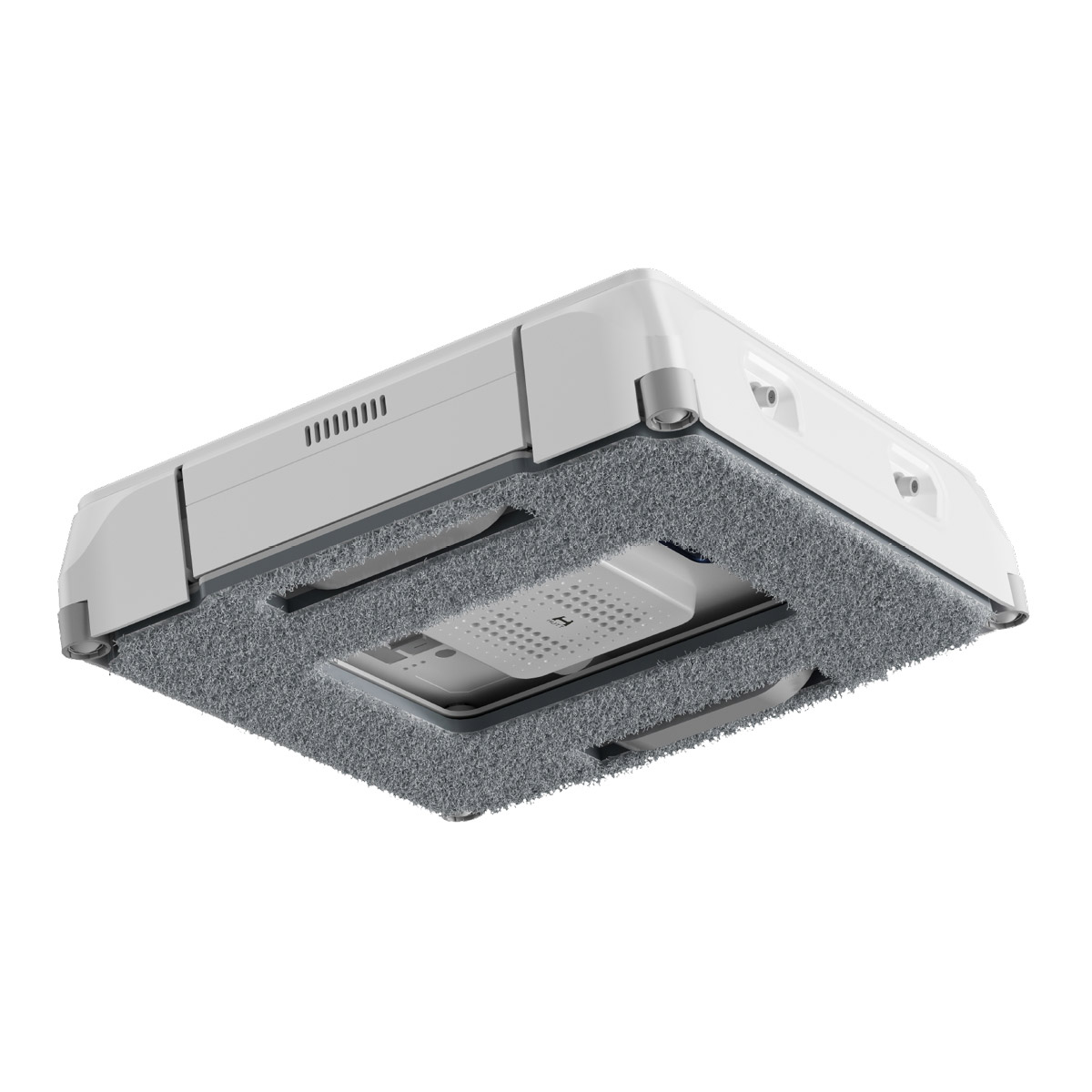Un aspirateur robot blanc avec un tampon gris en bas et un design rectangulaire.