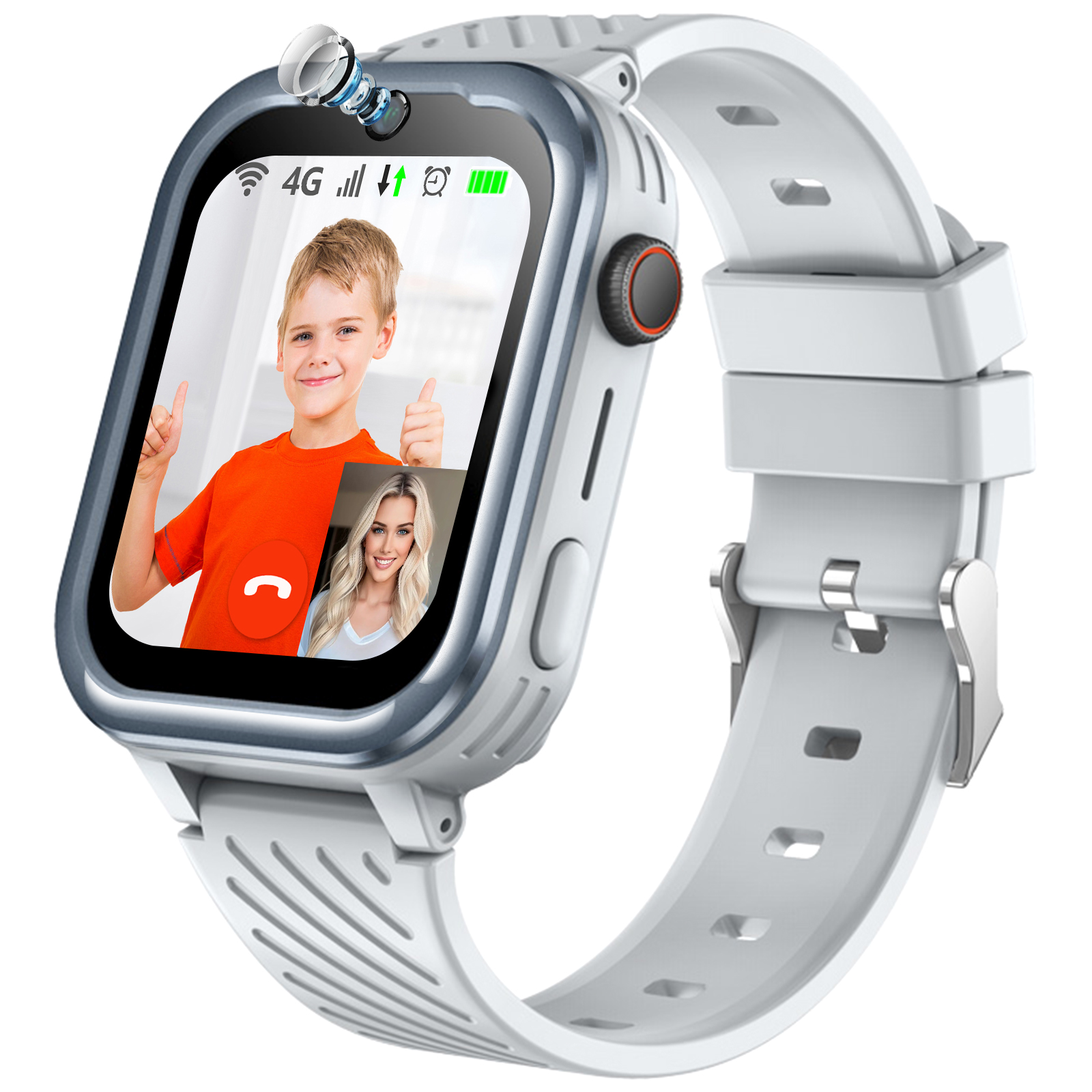 Smartwatch zeigt Videoanruf. Ein Junge gibt Daumen hoch, eine Frau lächelt. Weißes Armband, weißer Hintergrund.