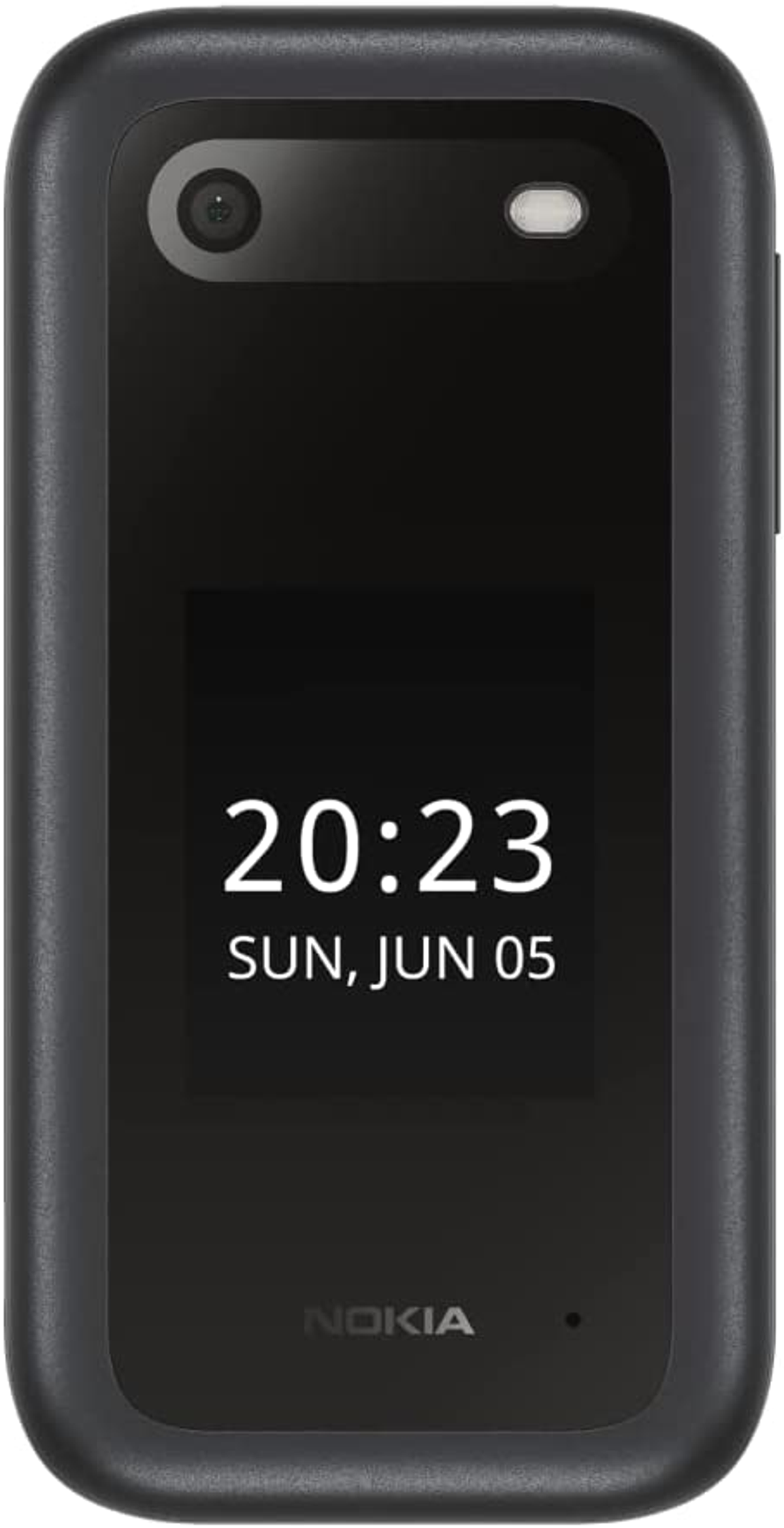 Teléfono plegable Nokia negro, que muestra la hora y la fecha en la pantalla.