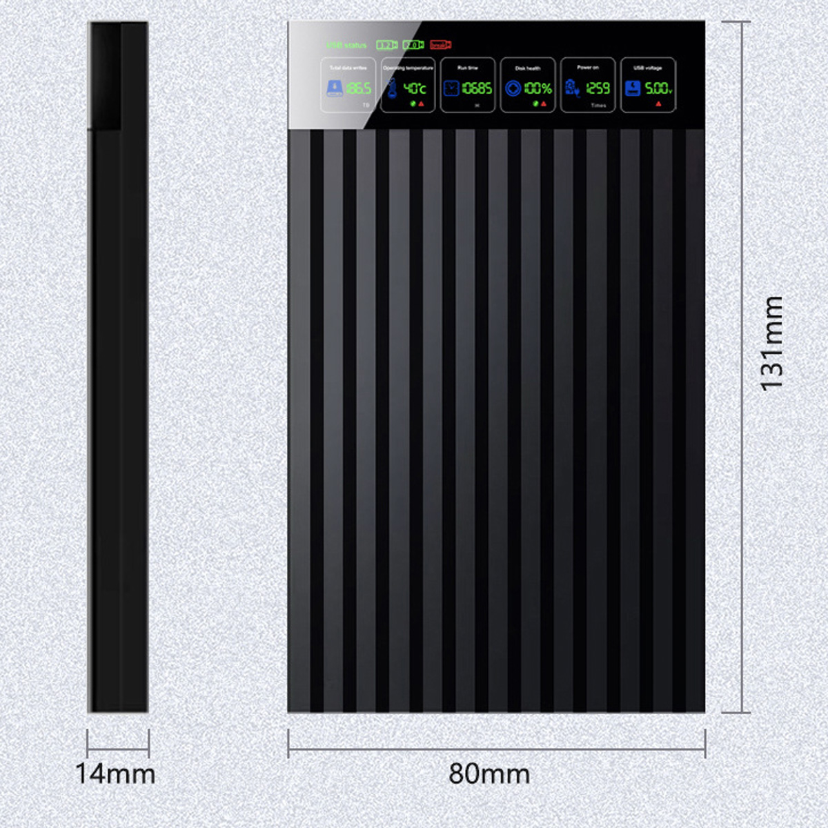 Schwarze Powerbank mit Anzeige von Akku, Temperatur und Spannung.