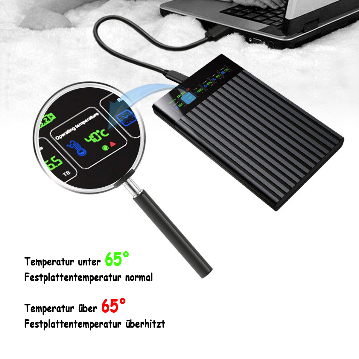 Eine externe Festplatte mit einer Lupe, die ihre Temperatur zeigt. Text zeigt die Temperatur an.