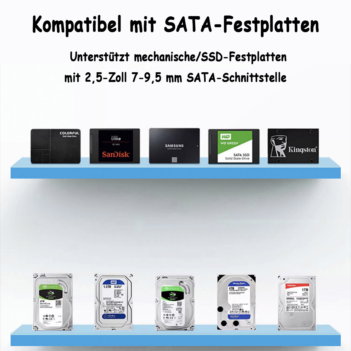SATA-Festplatten auf Regalen mit Text: Kompatibel mit SATA-Festplatten.
