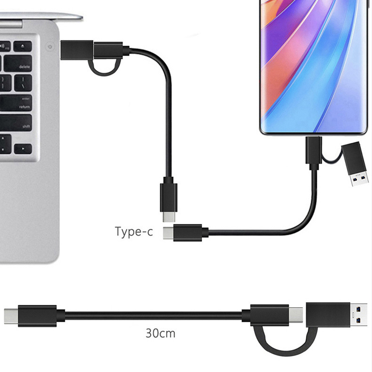 Schwarze USB-C-Kabel, verbunden mit Laptop, Telefon und USB-Adapter. Text: Type-C, 30cm.