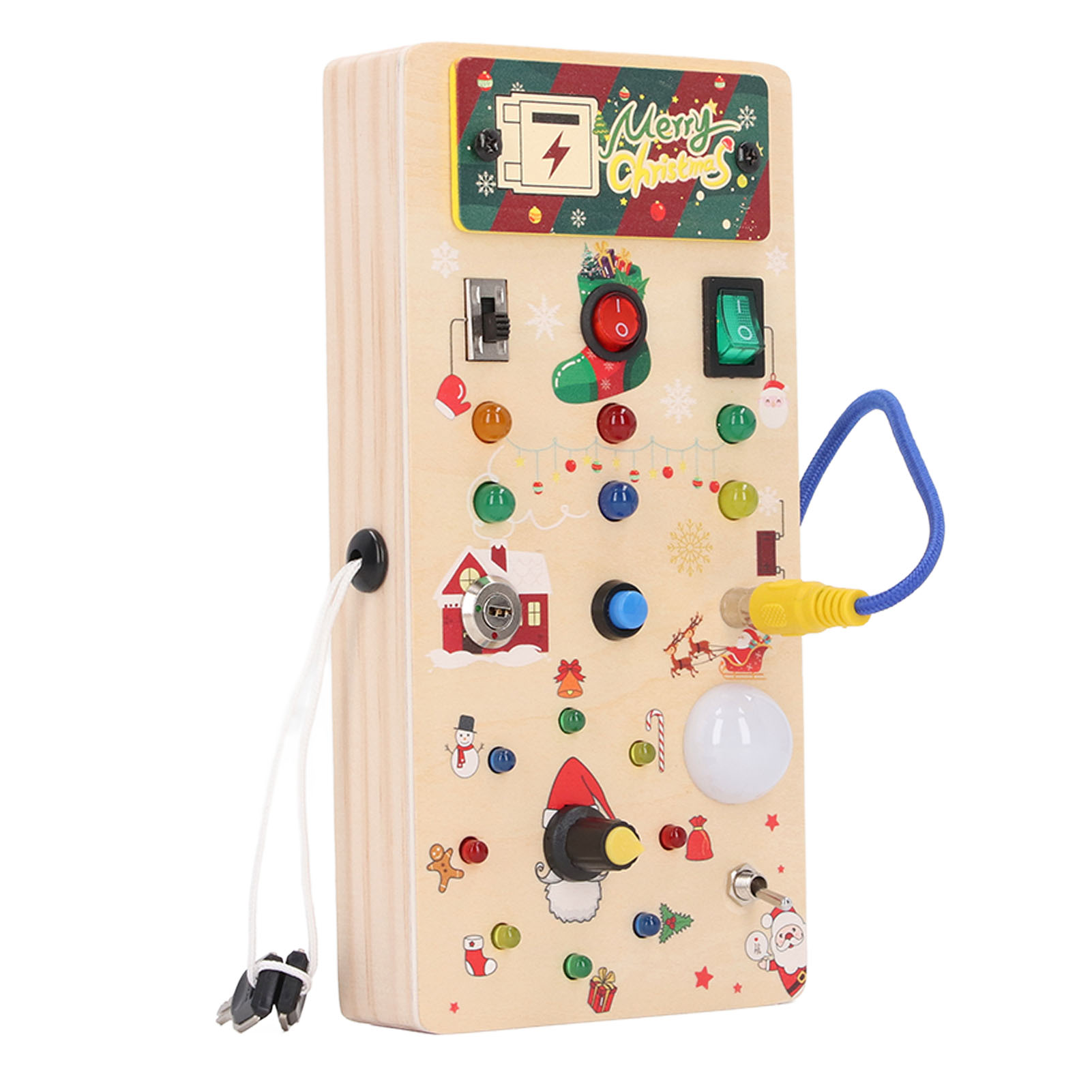 Weihnachtliches Aktivitätsbrett aus Holz mit Schaltern, Knöpfen und Lichtern.