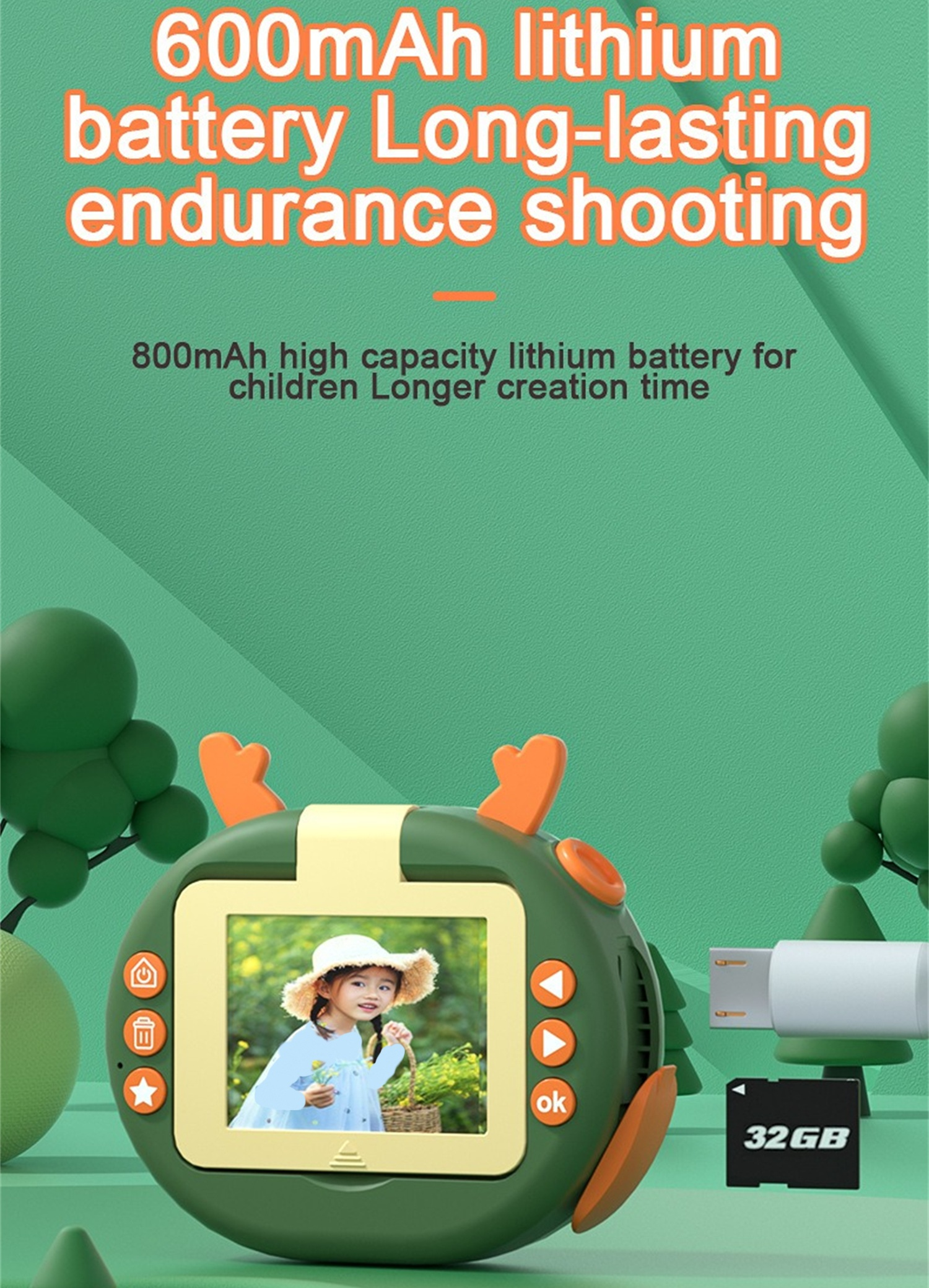 Eine grüne Spielzeugkamera mit kleinem Bildschirm. Auf dem Bildschirm ist ein Kinderfoto zu sehen. Text: 600mAh Akku, 32GB.