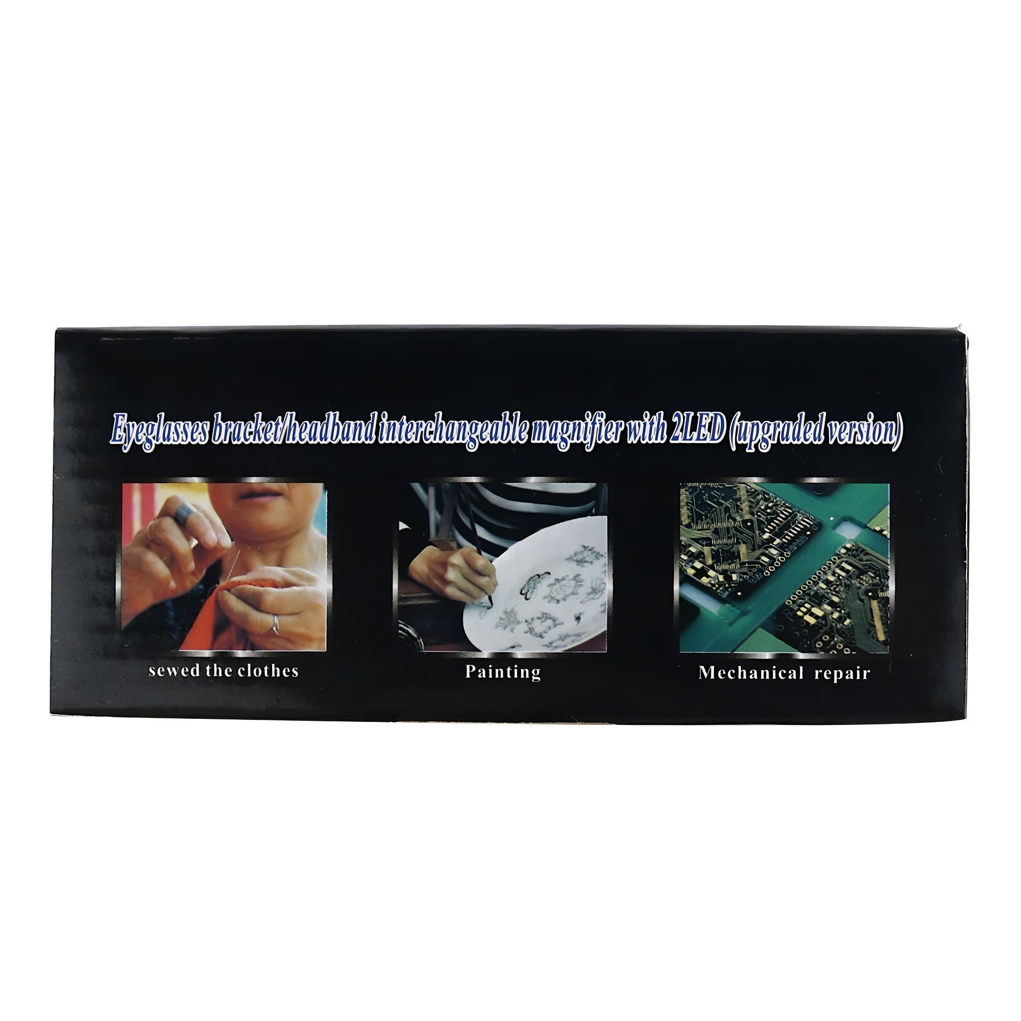 Eine schwarze Box mit Bildern einer Frau beim Nähen, Malen und Reparieren einer Platine. Weißer Hintergrund.