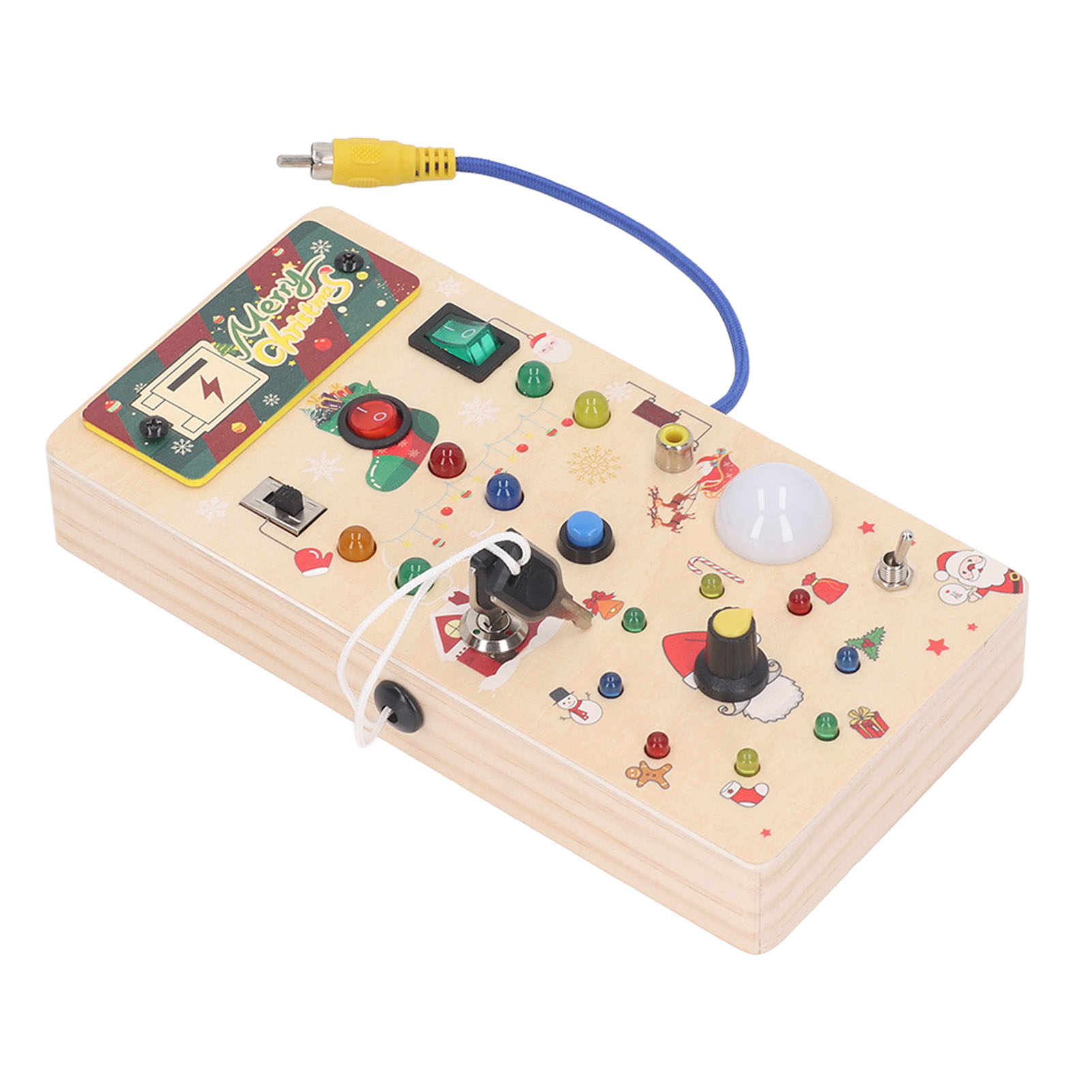 Holz-Activity-Board mit Lichtern, Schaltern, Schlüssel und anderen Elementen. Weihnachtliches Thema.