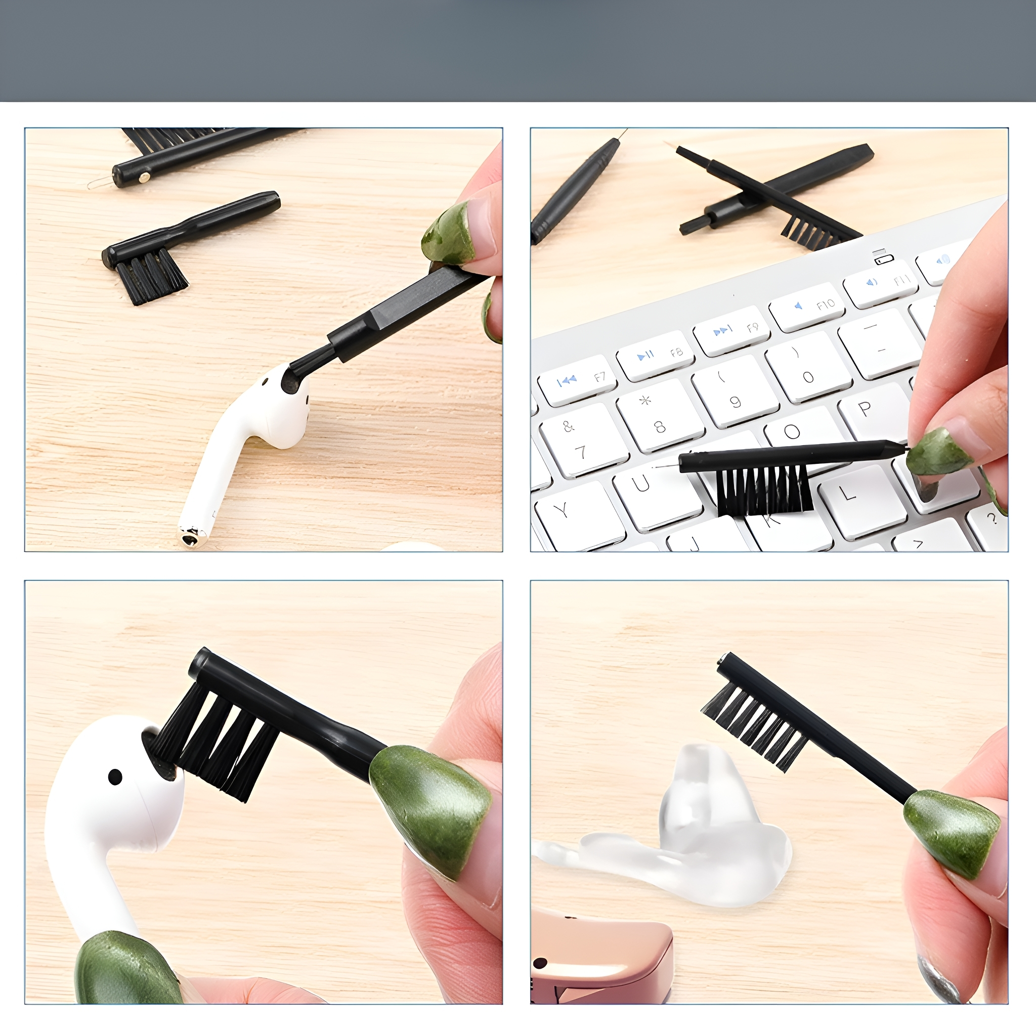 Reinigungswerkzeuge für Ohrhörer. Schwarze Reinigungsbürste und Stift. Weißer Hintergrund.