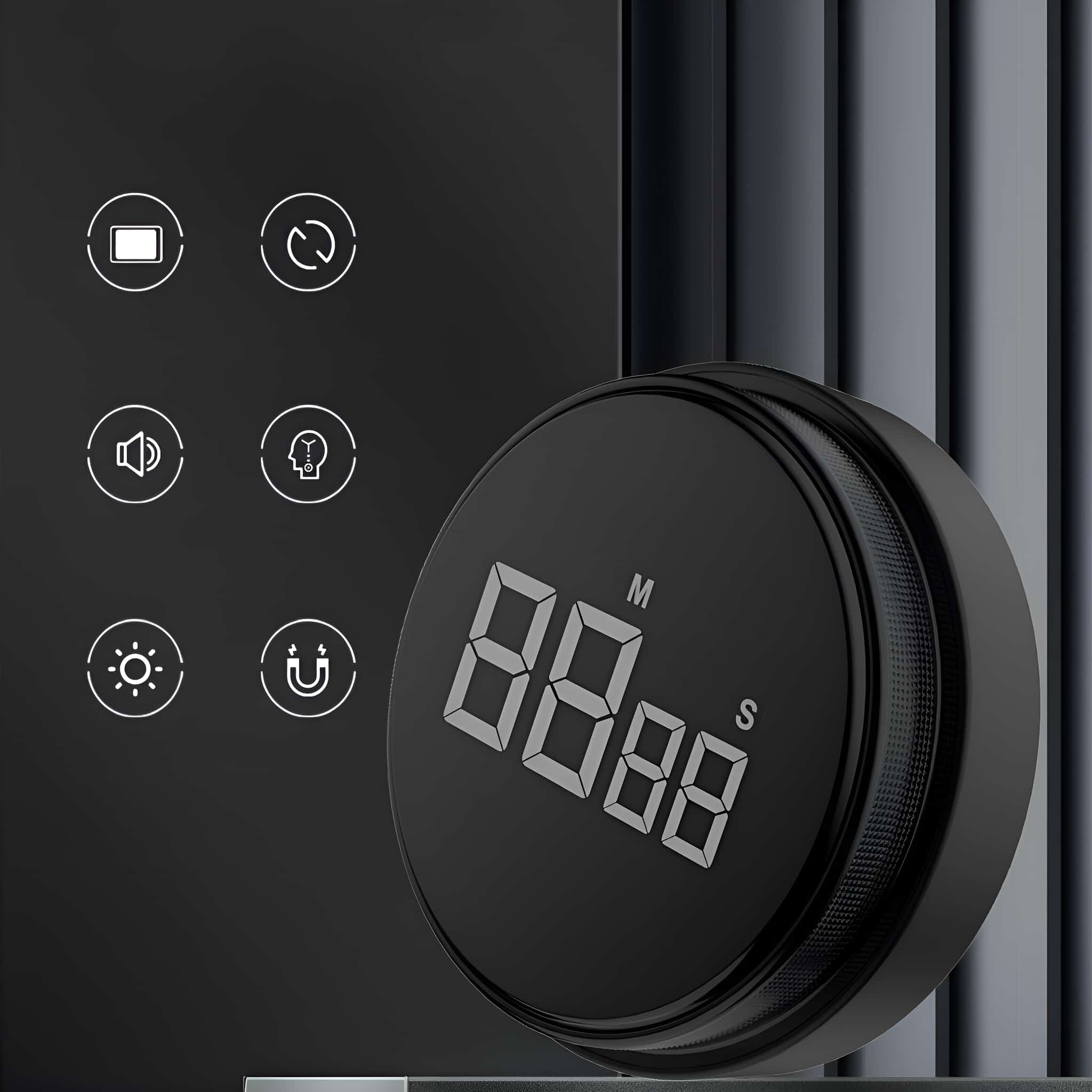 Schwarzer kreisförmiger Timer mit Digitalanzeige, die Zahlen anzeigt. Enthält verschiedene Funktionssymbole.
