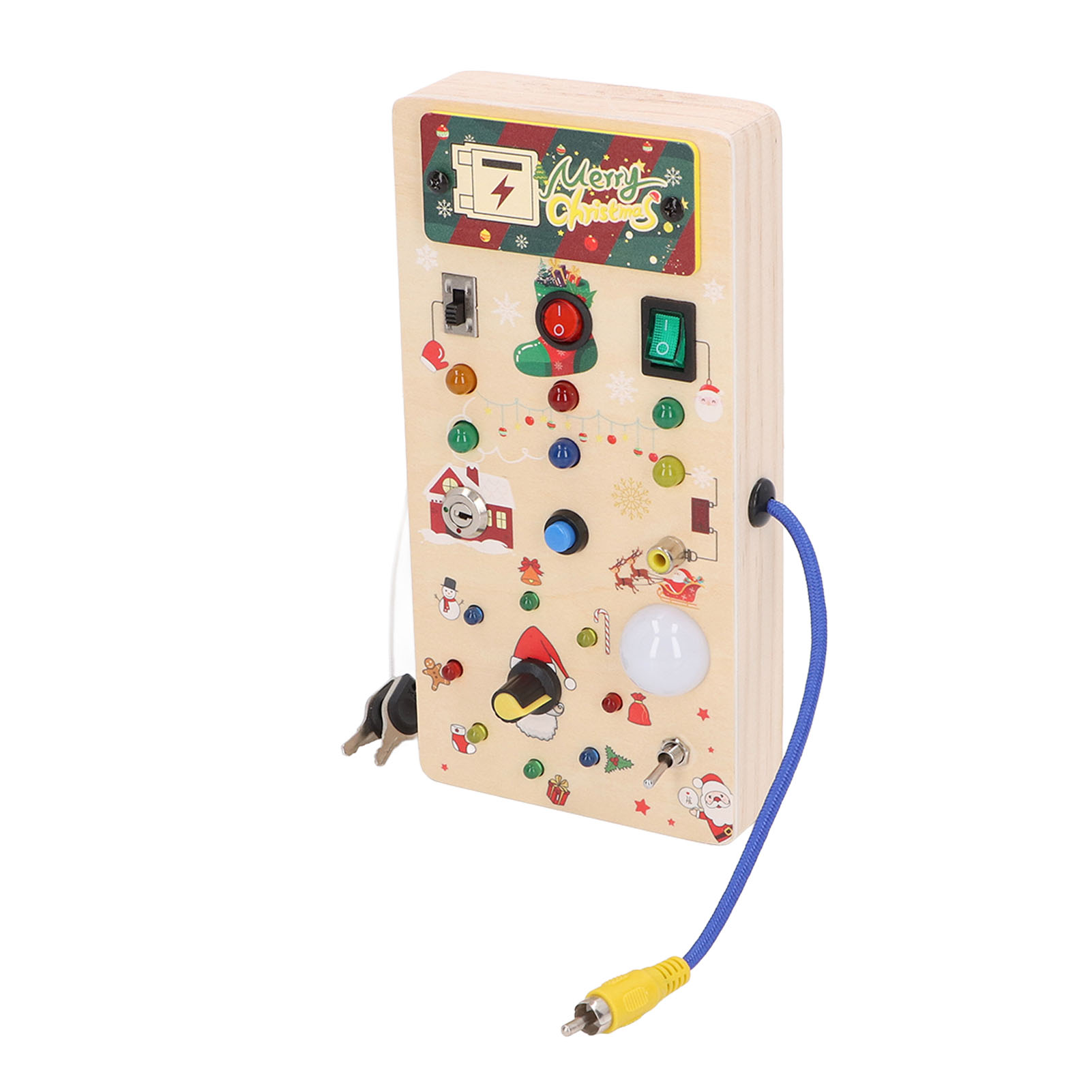 Ein hölzernes Weihnachtsspielzeug mit Knöpfen, Lichtern, Schlüsseln und einem Stecker wird gezeigt.