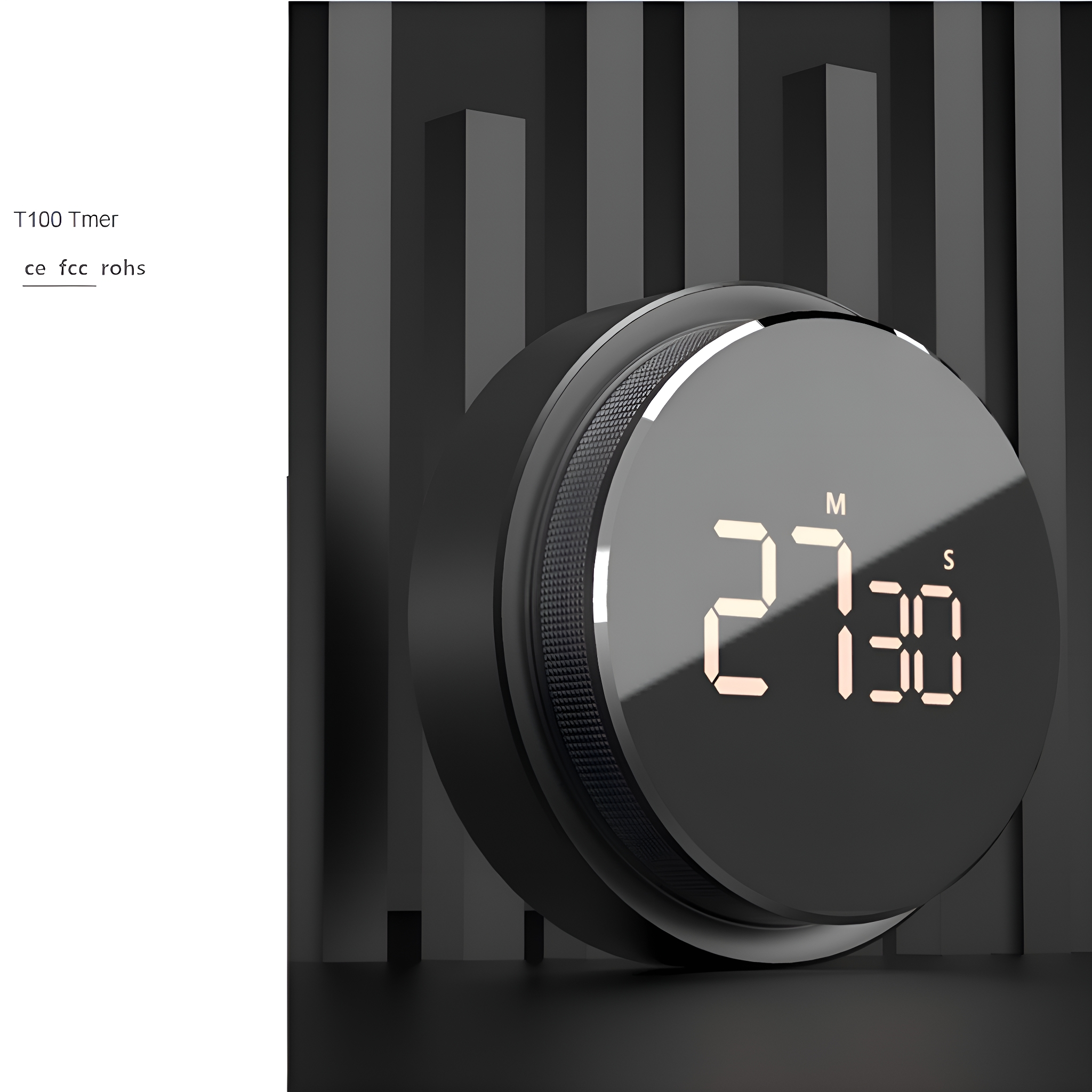 Ein schwarzer, runder Digitaltimer mit der Anzeige 27:30. Der Timer steht auf schwarzem Untergrund.