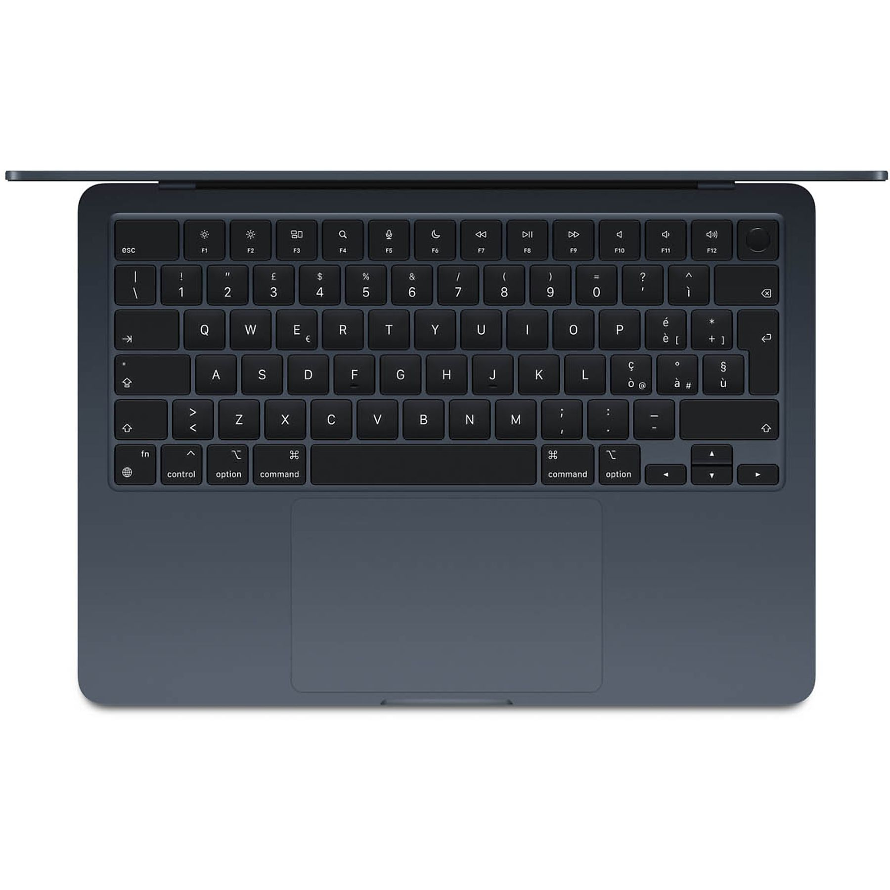 Una tastiera blu scuro con un touchpad in basso. I tasti sono bianchi con lettere nere.