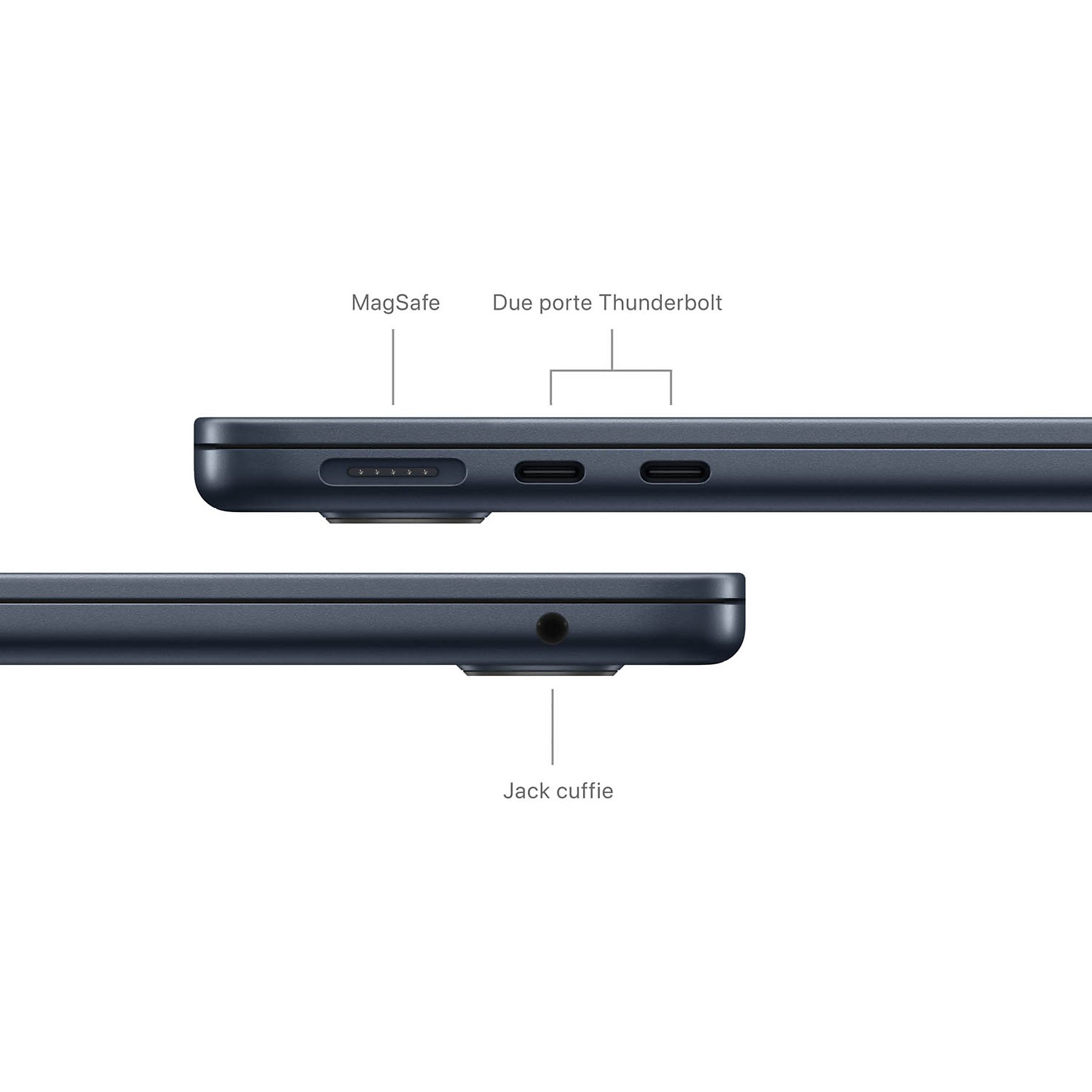Vista laterale del laptop con dettagli delle porte come MagSafe, Thunderbolt e jack audio.