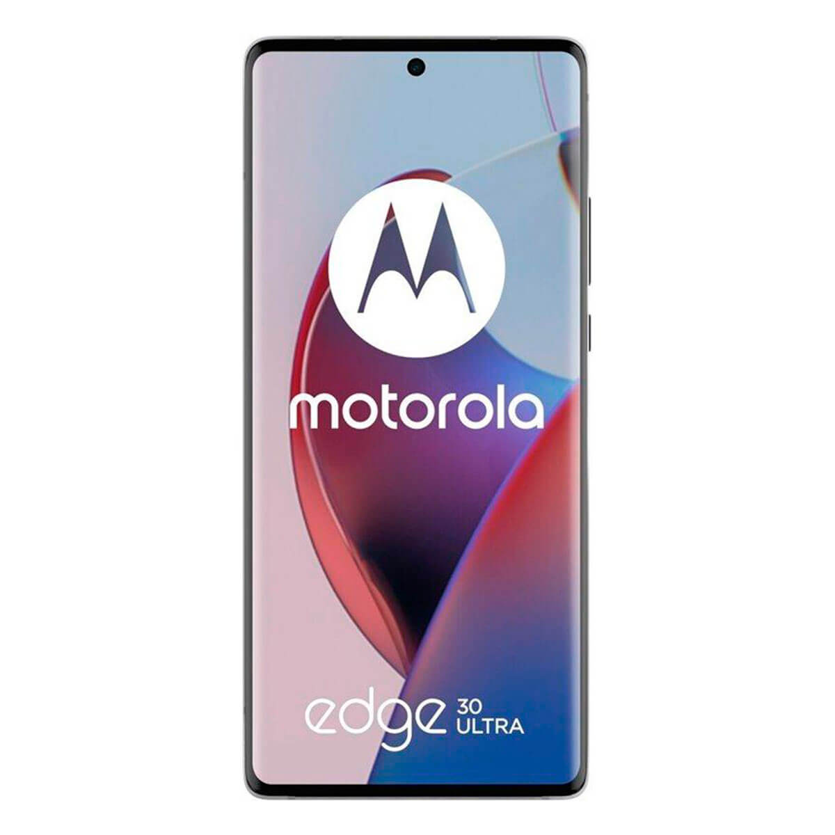 Motorola-telefoon met een edge-logo. Het scherm toont een wazige afbeelding. Witte achtergrond.