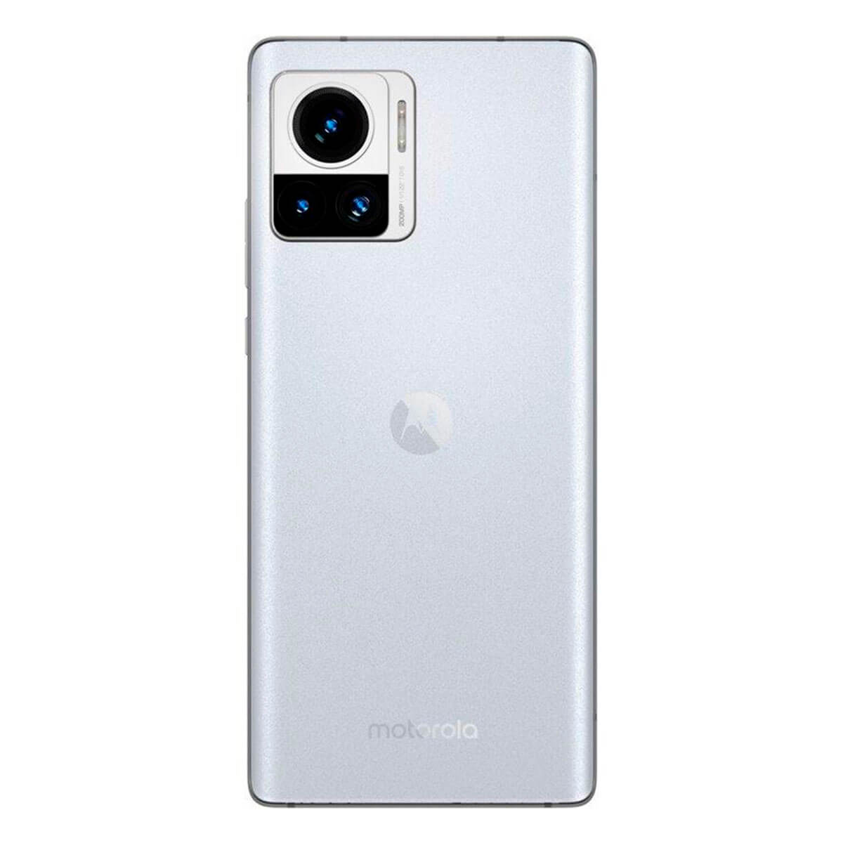 Achterkant van een lichtgrijze Motorola-telefoon met camera's. De achtergrond is wit.