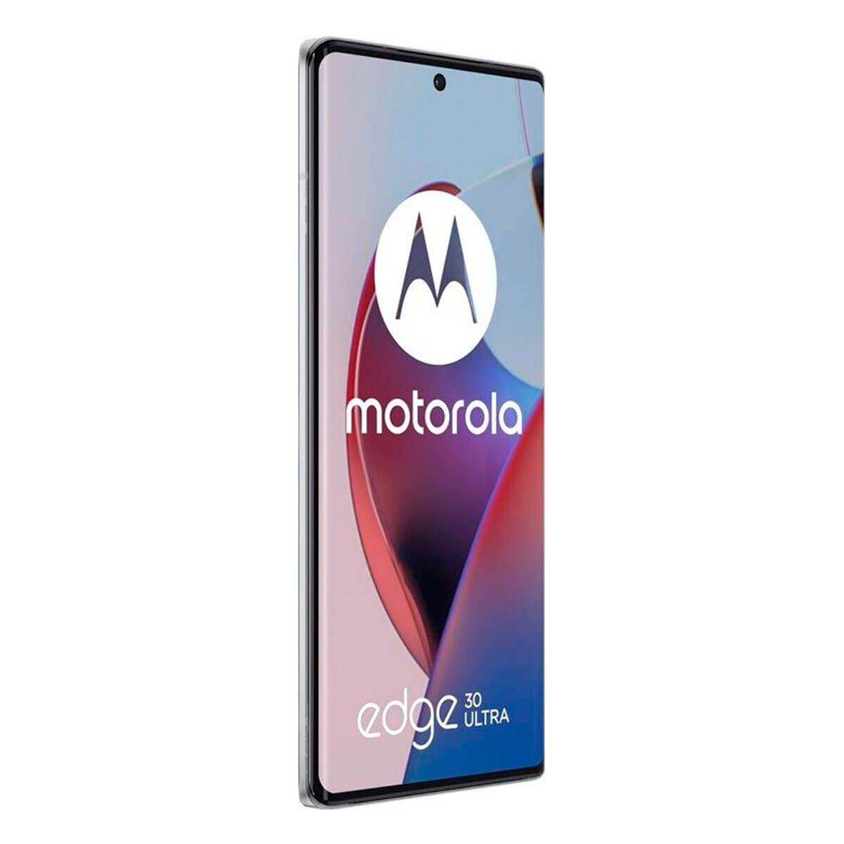Motorola Edge 30 Ultra smartphone, schuine weergave. Zwart frame, zilveren rand. Toont het logo.