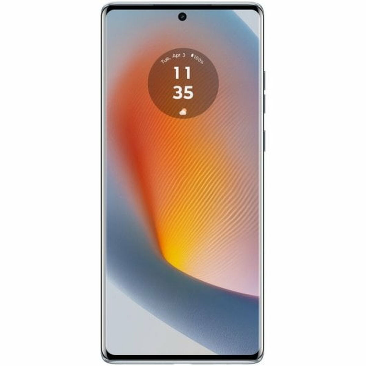 Wysoki smartfon z ekranem pokazującym godzinę. Telefon ma gradientowe tło. Czarna ramka.