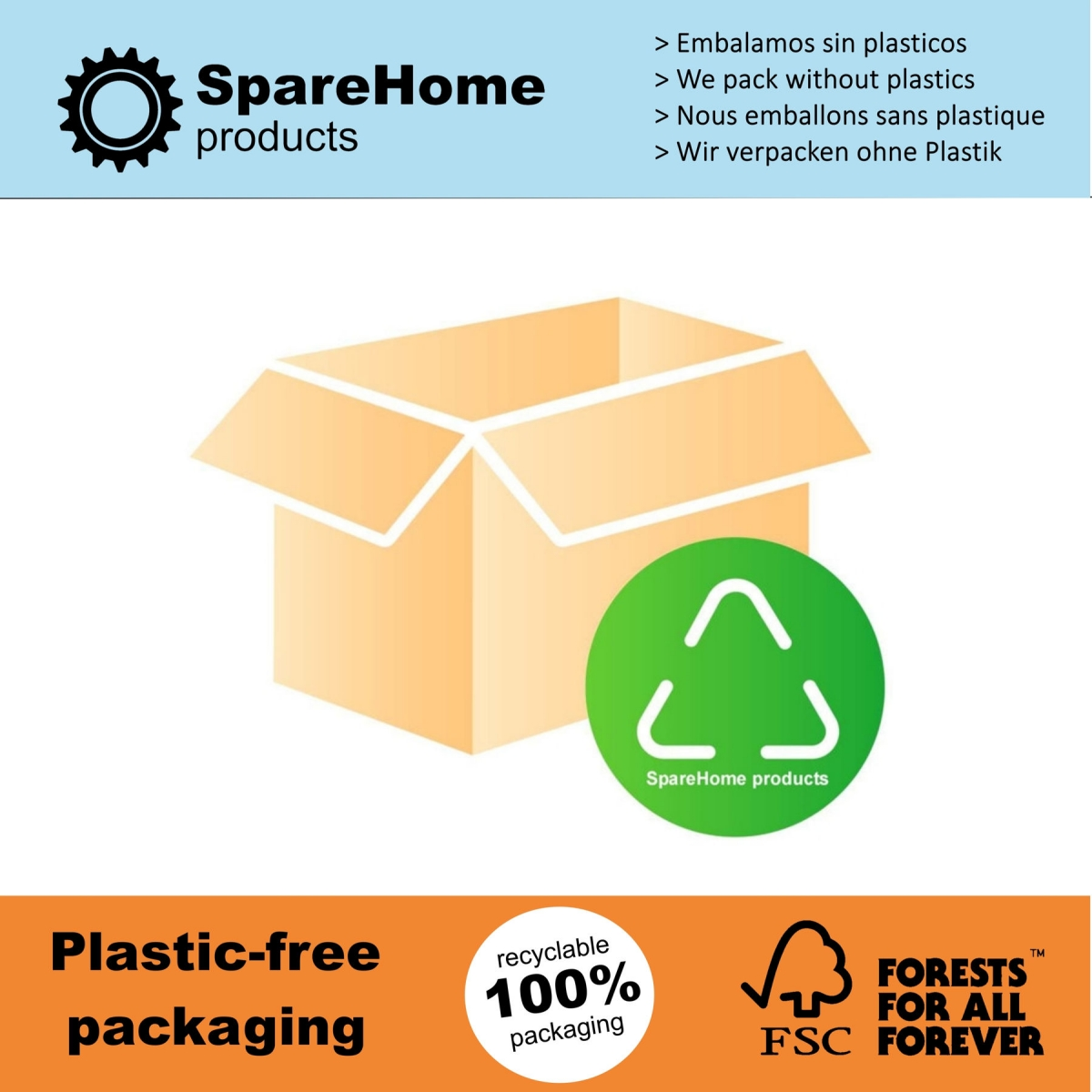 Caja de cartón abierta, con un símbolo de reciclaje y texto en varios idiomas.