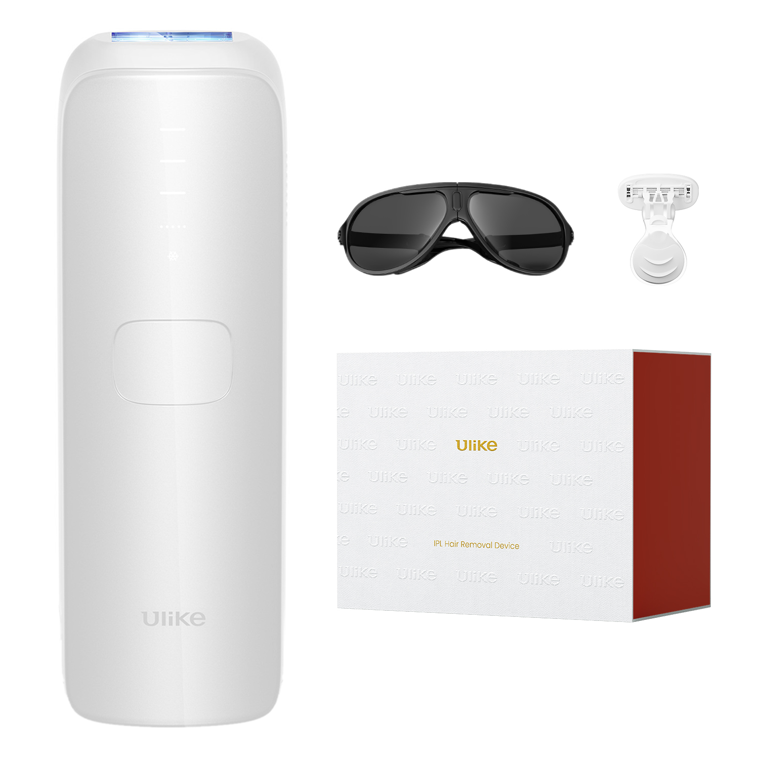 Weißes IPL-Haarentfernungsgerät mit Schutzbrille, Rasierer und Produktbox. Alle Artikel auf weißem Hintergrund.