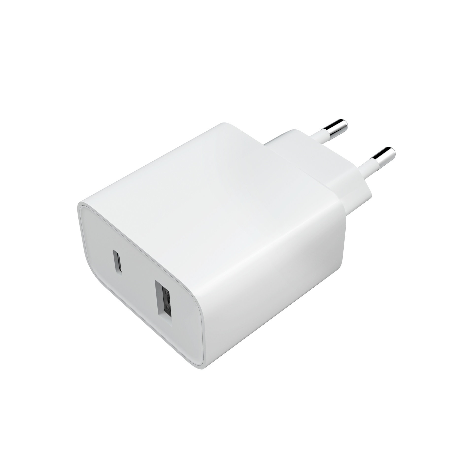 Un caricabatterie bianco con due porte USB e una spina a due poli.