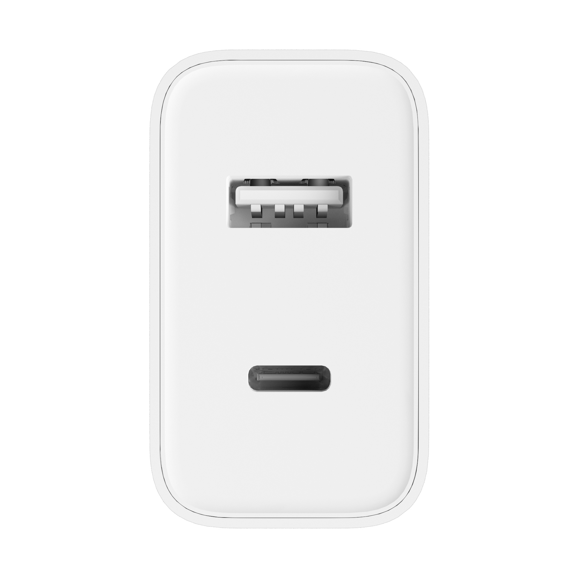 Caricabatterie USB-C bianco con porta USB e porta USB-C. Sfondo bianco.