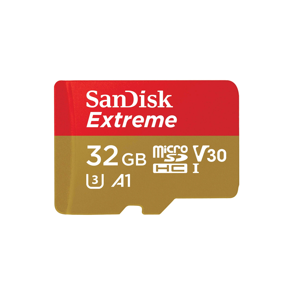 Tarjeta microSD roja y dorada. Tiene el logotipo de Sandisk Extreme y otro texto.