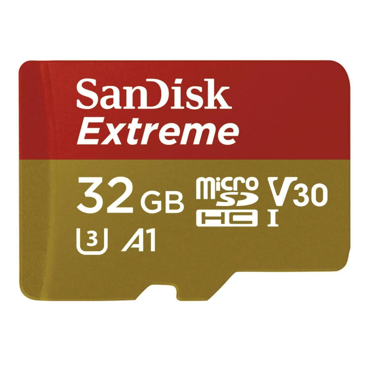 Una tarjeta microSD roja y dorada con texto. La tarjeta está sobre un fondo blanco.