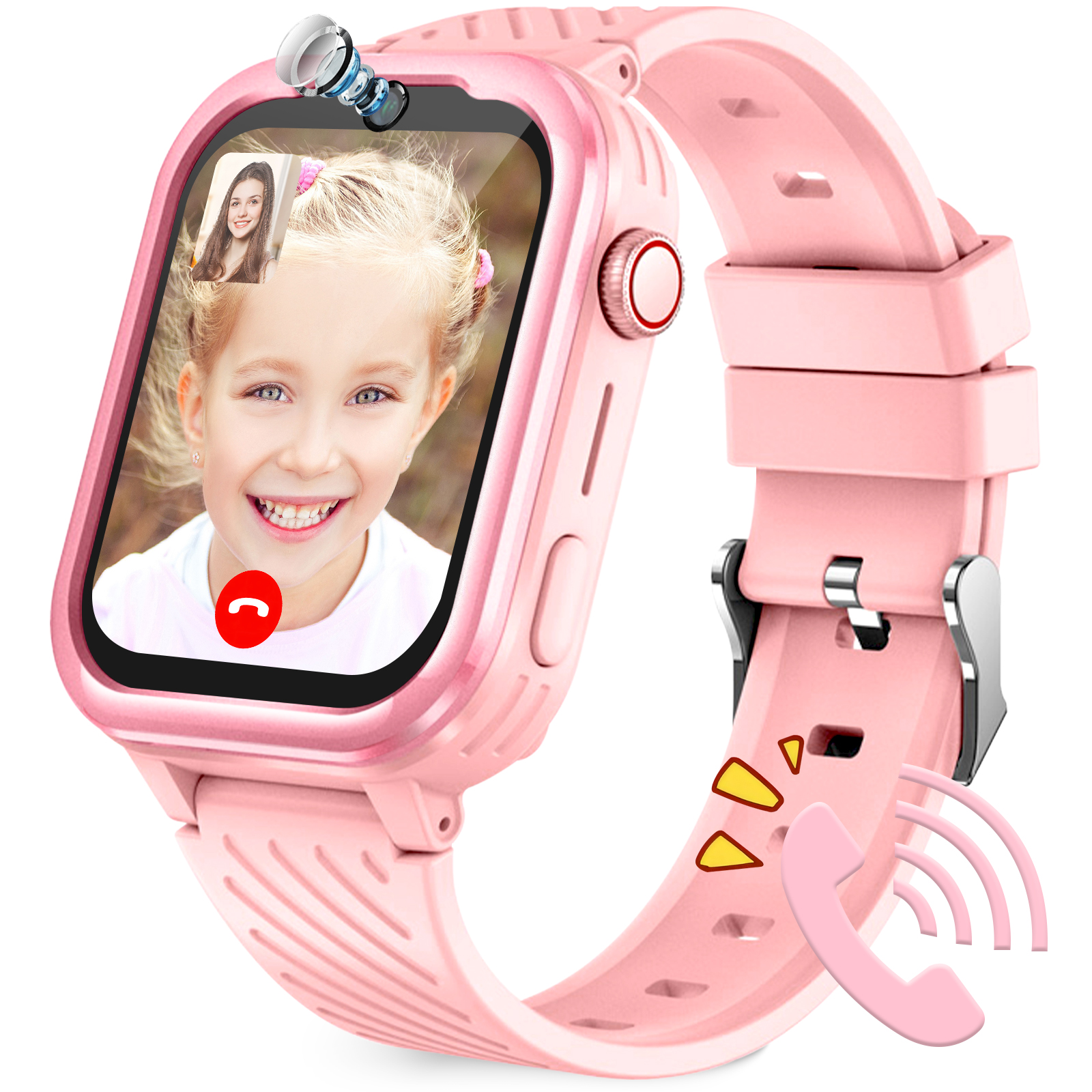 Rosa Smartwatch zeigt Videoanruf, ein junges Mädchen ist auf dem Bildschirm.