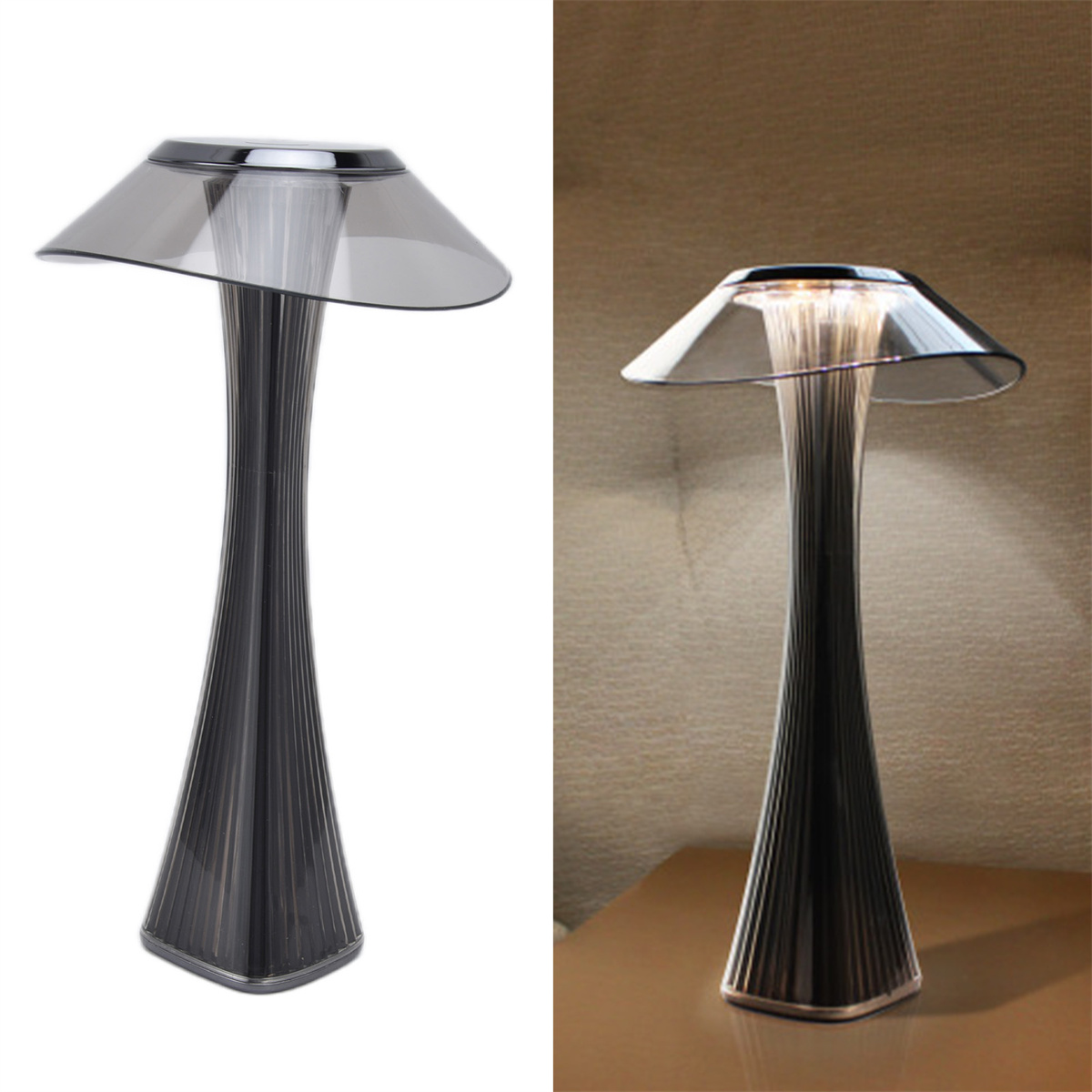 Moderne schwarze Lampe mit transparentem Lampenschirm, gezeigt auf weißem und braunem Hintergrund.