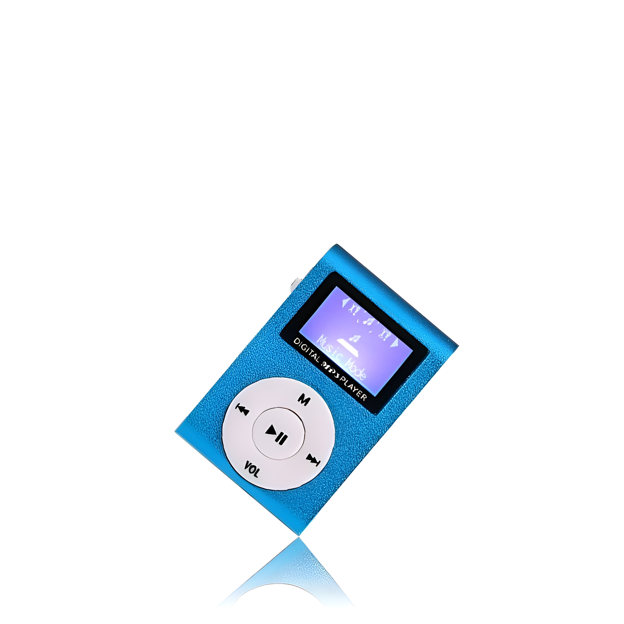 Blauer MP3-Player mit kleinem Bildschirm und Bedientasten. Auf weißem Hintergrund mit Spiegelung.