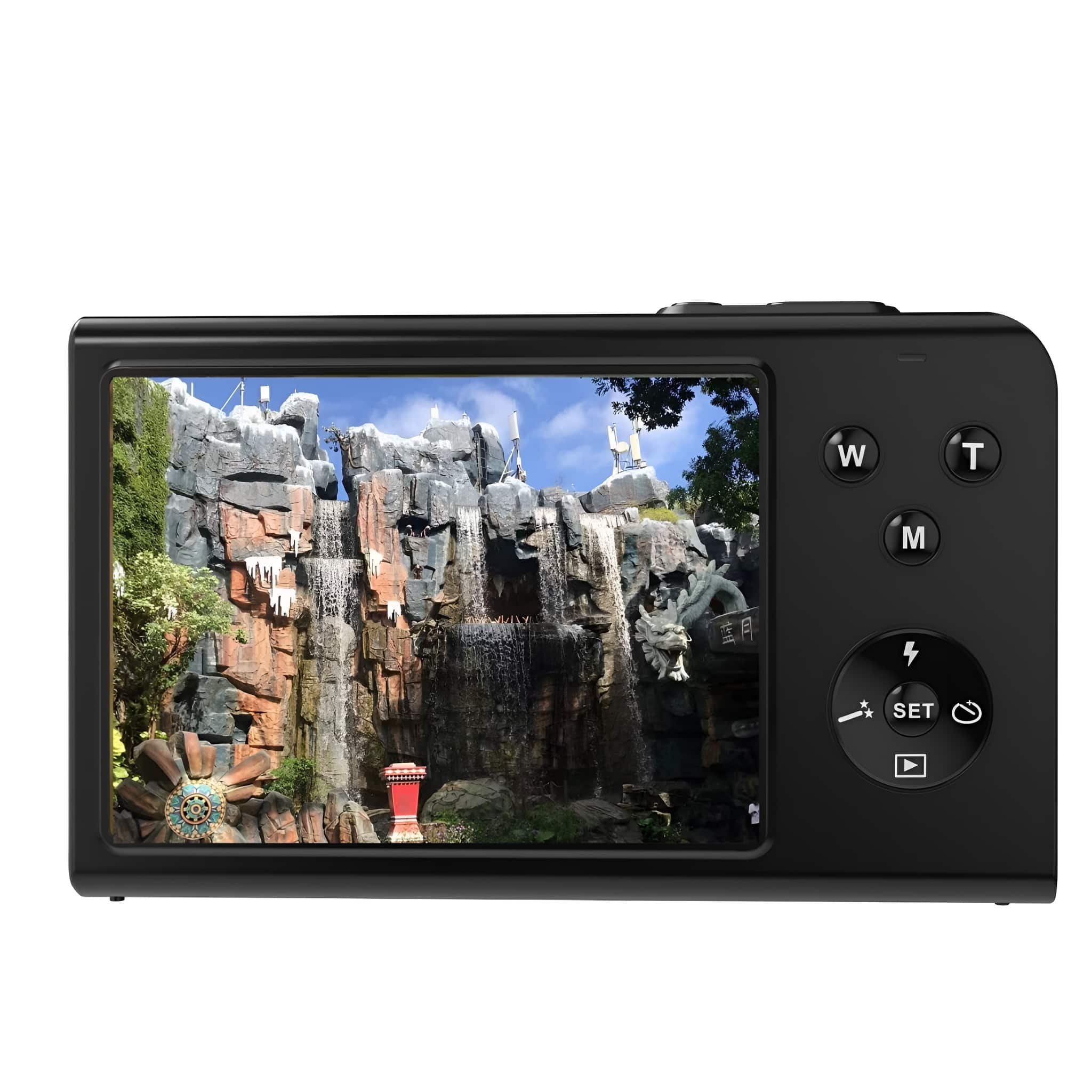 Eine schwarze Digitalkamera, die eine Wasserfallszene auf ihrem Bildschirm anzeigt.