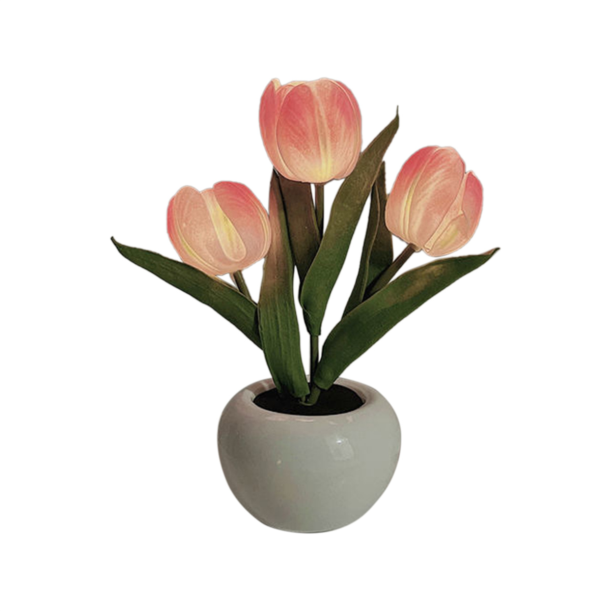 Künstliche Tulpen in einer Vase. Drei rosa Tulpen in einer weißen Vase. Hintergrund: weiß.