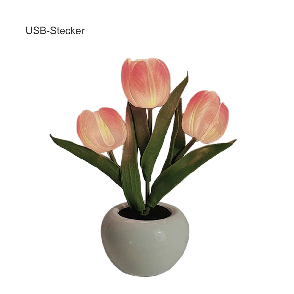 Drei rosa Tulpen in einer weißen Vase. Die Vase steht auf weißem Grund.