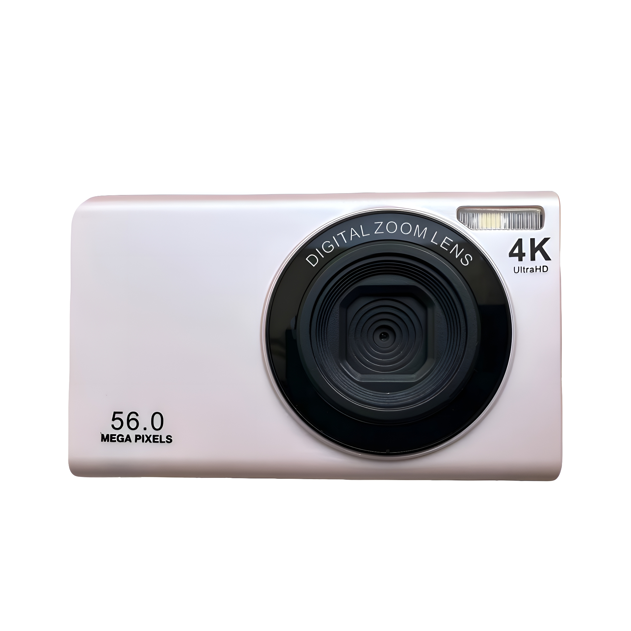 Eine rosa Digitalkamera mit schwarzem Objektiv und den Worten "Digital Zoom Lens" und "4K UltraHD" darauf.