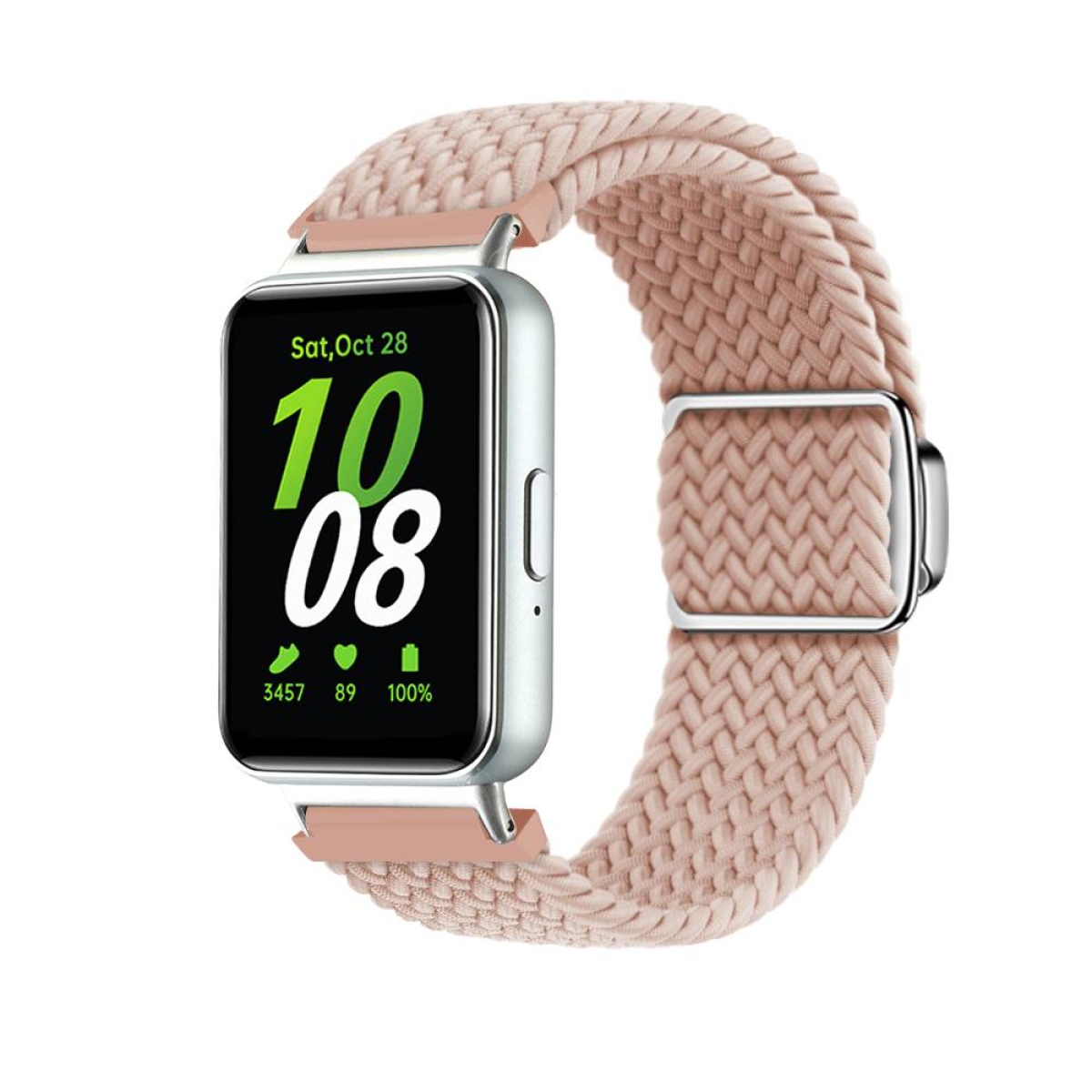 Smartwatch mit pinkfarbenem Armband, zeigt Datum und Uhrzeit. Weißer Hintergrund.
