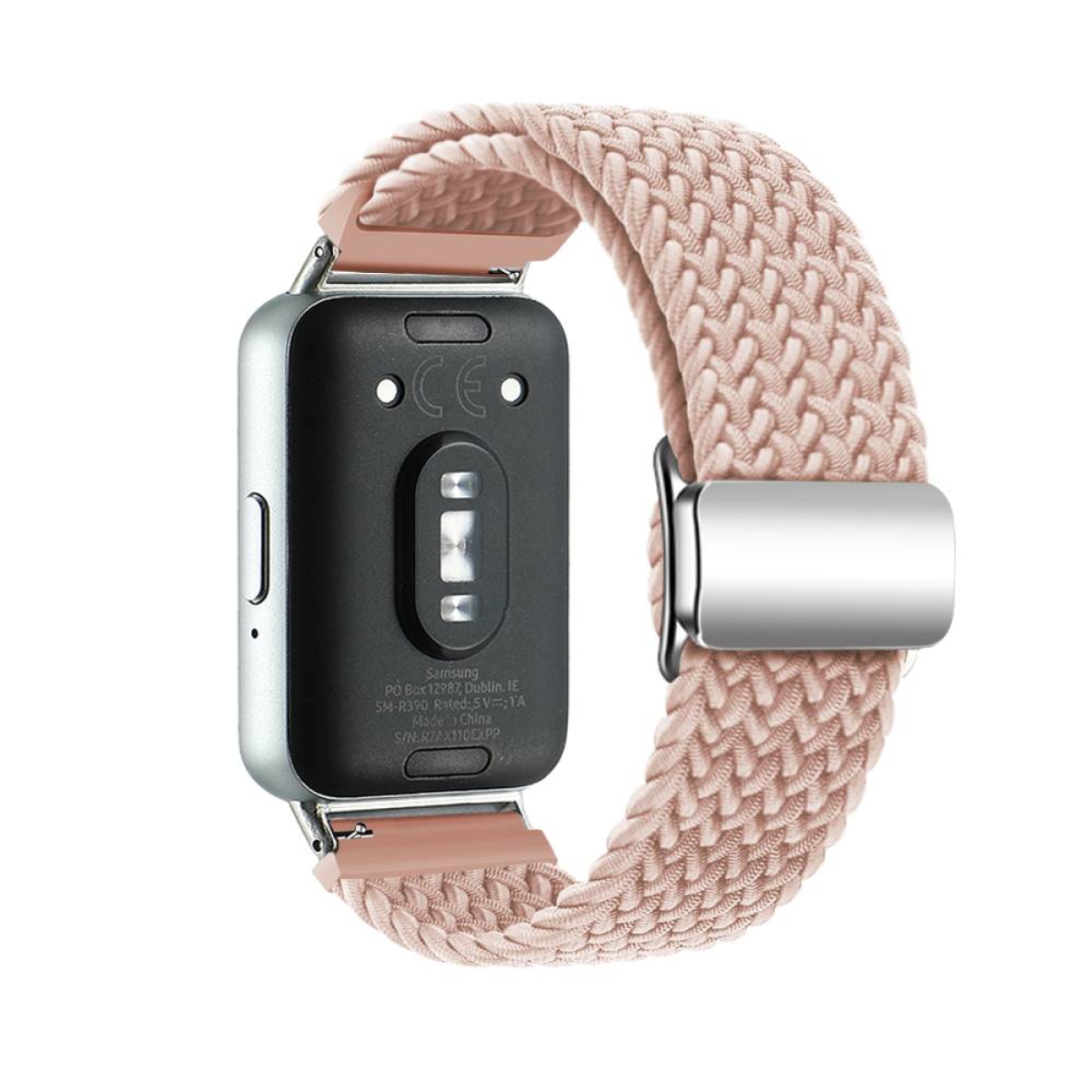Smartwatch mit rosa geflochtenem Armband, auf weißer Oberfläche.