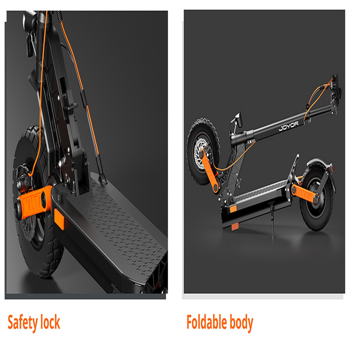 Der Roller hat einen faltbaren Körper und einen Sicherheitsverschluss mit orangefarbenen Details. Auf grauem Grund.
