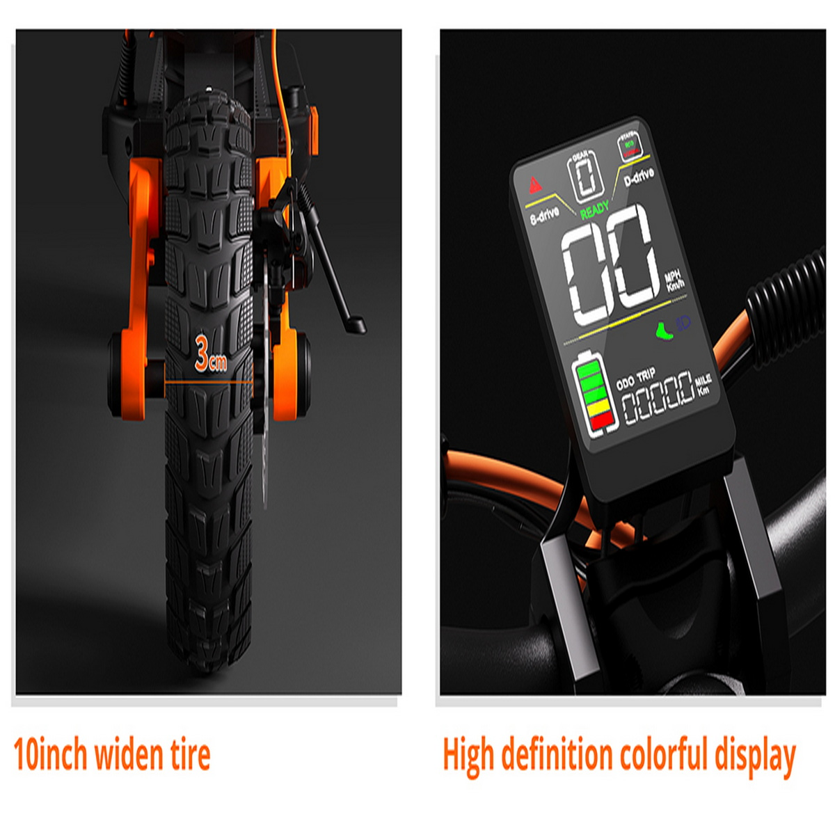 Nahaufnahme eines Rollerreifens und Displays. Reifen schwarz, Display zeigt Informationen.