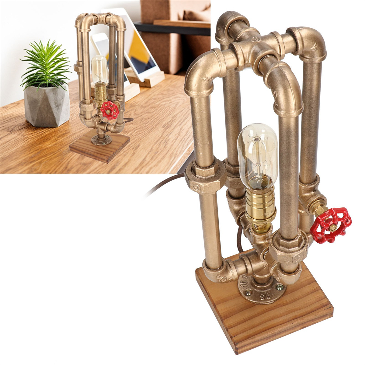 Industrielle Lampe mit Holzsockel. Hergestellt aus Metallrohren, Glühbirne sichtbar.