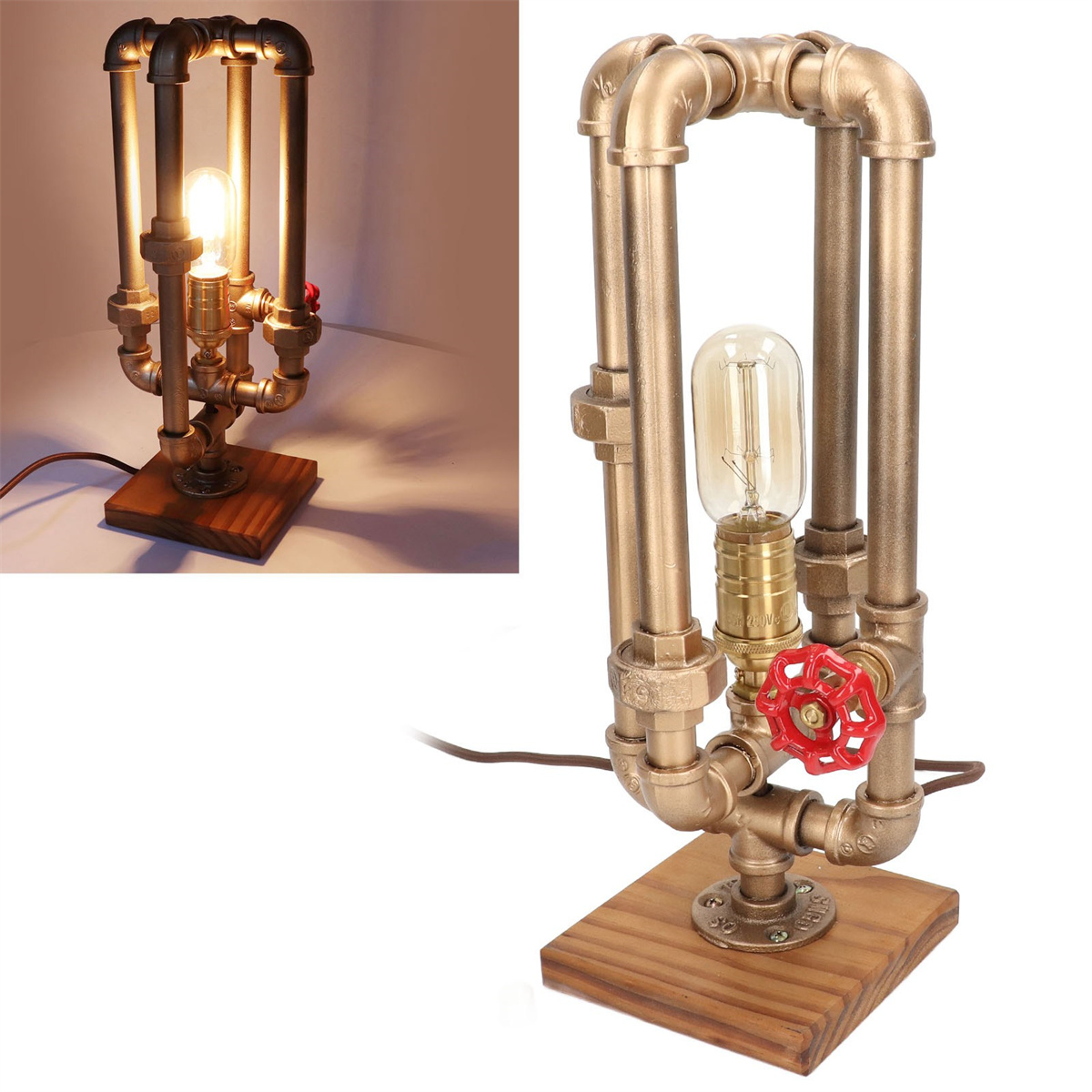 Lampe im Industriestil aus Kupferrohren mit Edison-Glühbirne. Sie steht auf einem Holzsockel.