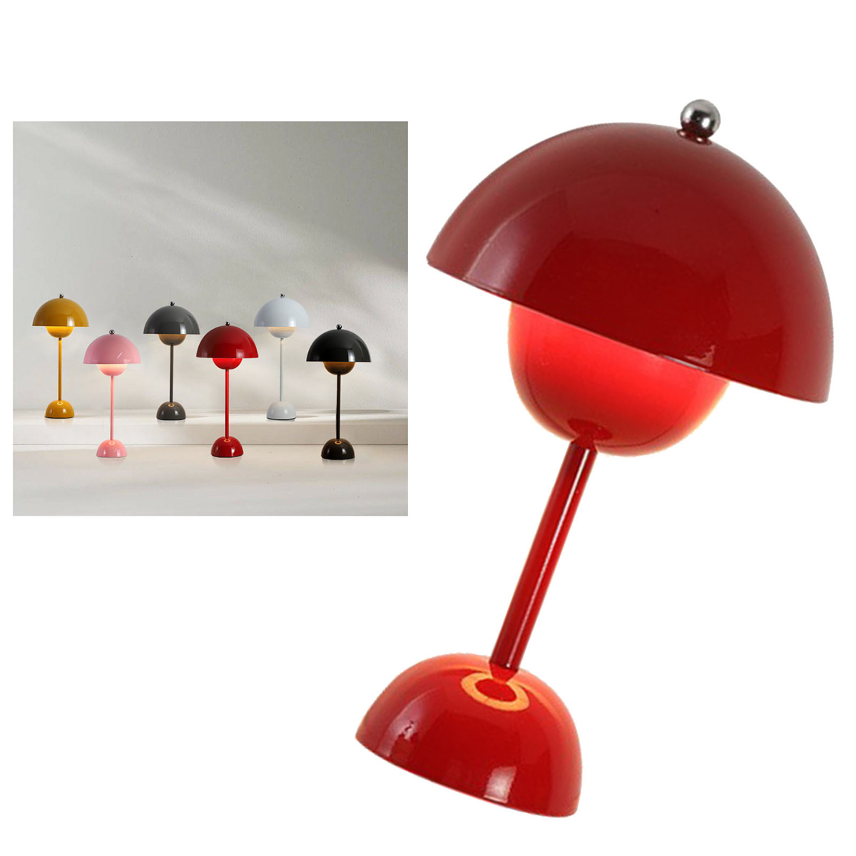 Rote Schreibtischlampe mit Halbkugel-Schirm und langem, abgewinkeltem Stiel. Weitere Lampen im Hintergrund.