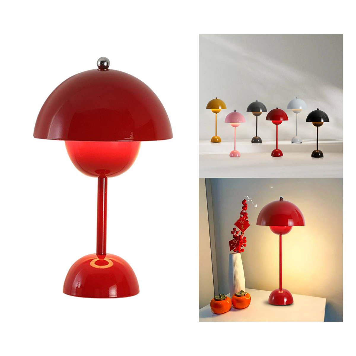 Eine rote pilzförmige Lampe. Zwei Bilder, die verschiedene Einstellungen der Lampe zeigen.