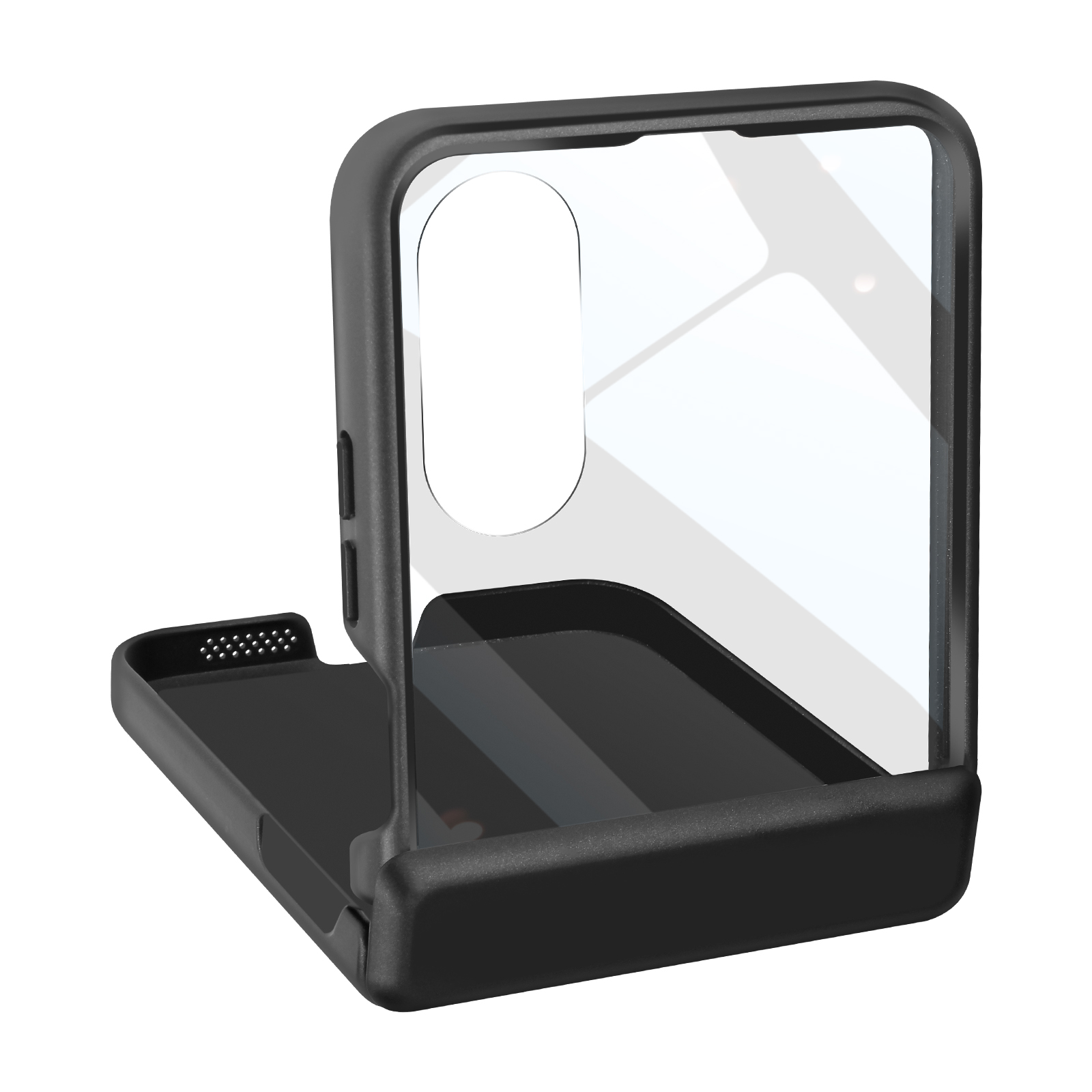 Custodia nera per telefono, aperta. Mostra la forma del telefono, area fotocamera e copertura trasparente.