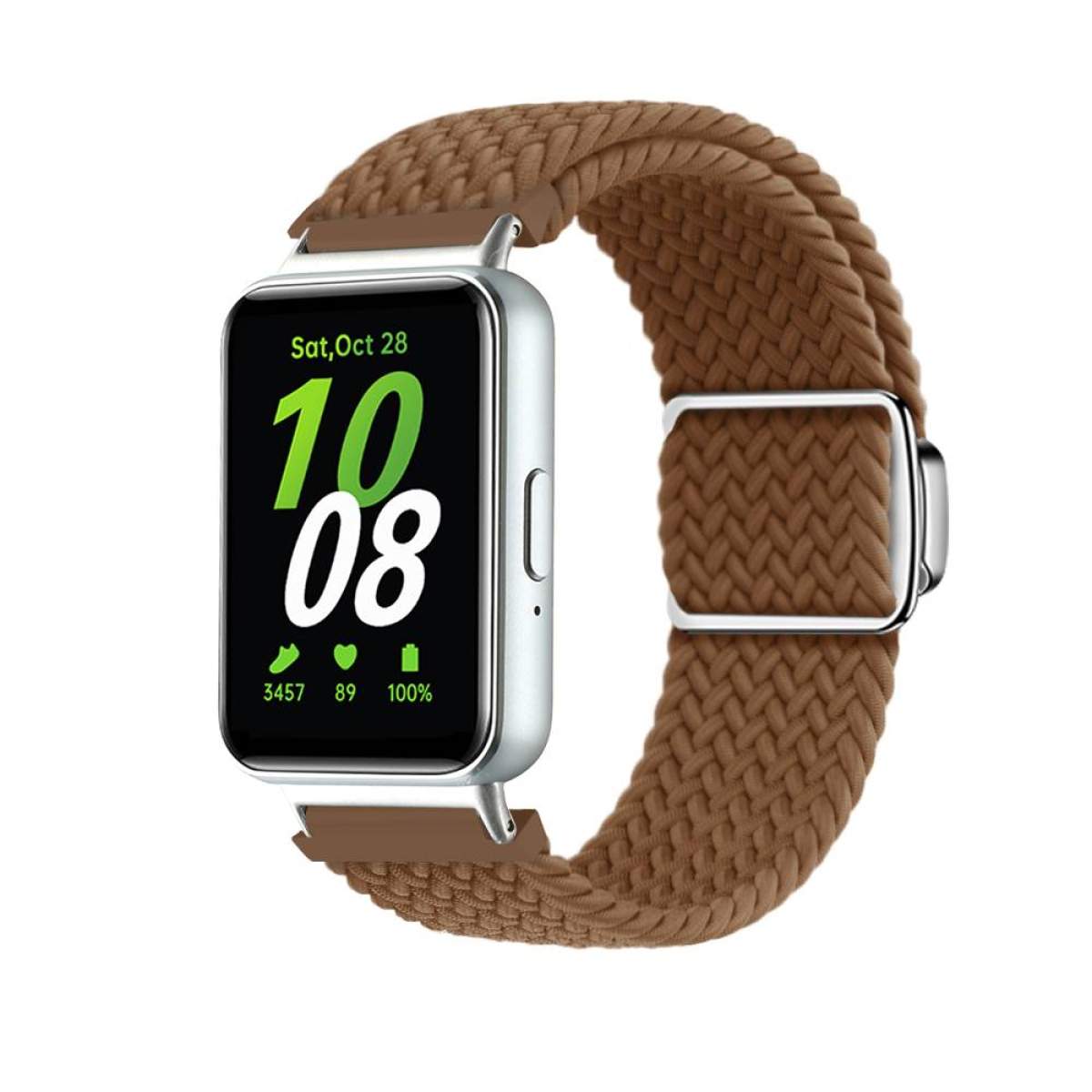 Smartwatch mit braunem geflochtenem Armband, zeigt Zeit und Gesundheitsdaten.
