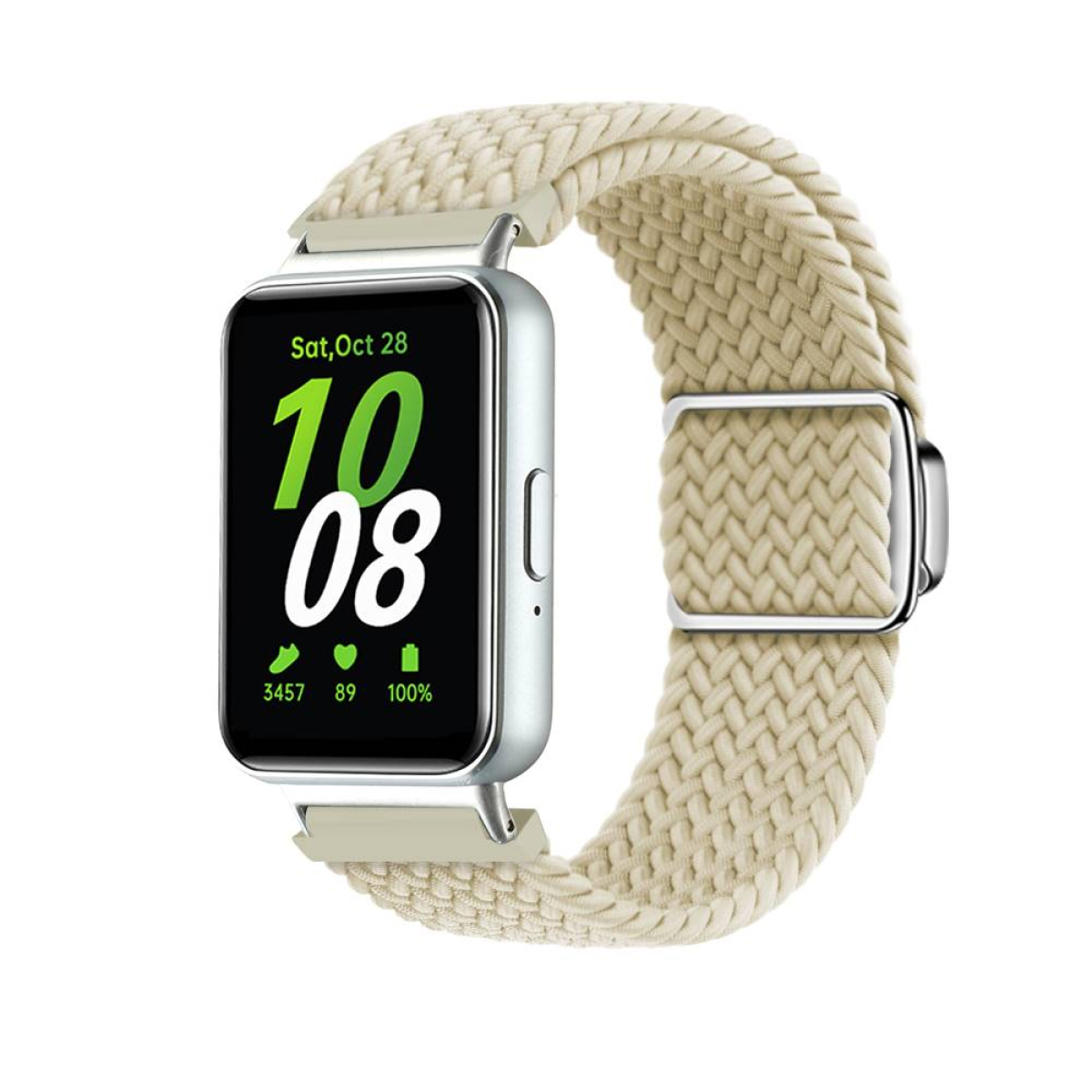 Eine silberne Smartwatch mit gewebtem beigefarbenem Armband zeigt Zeit und Gesundheitsdaten.