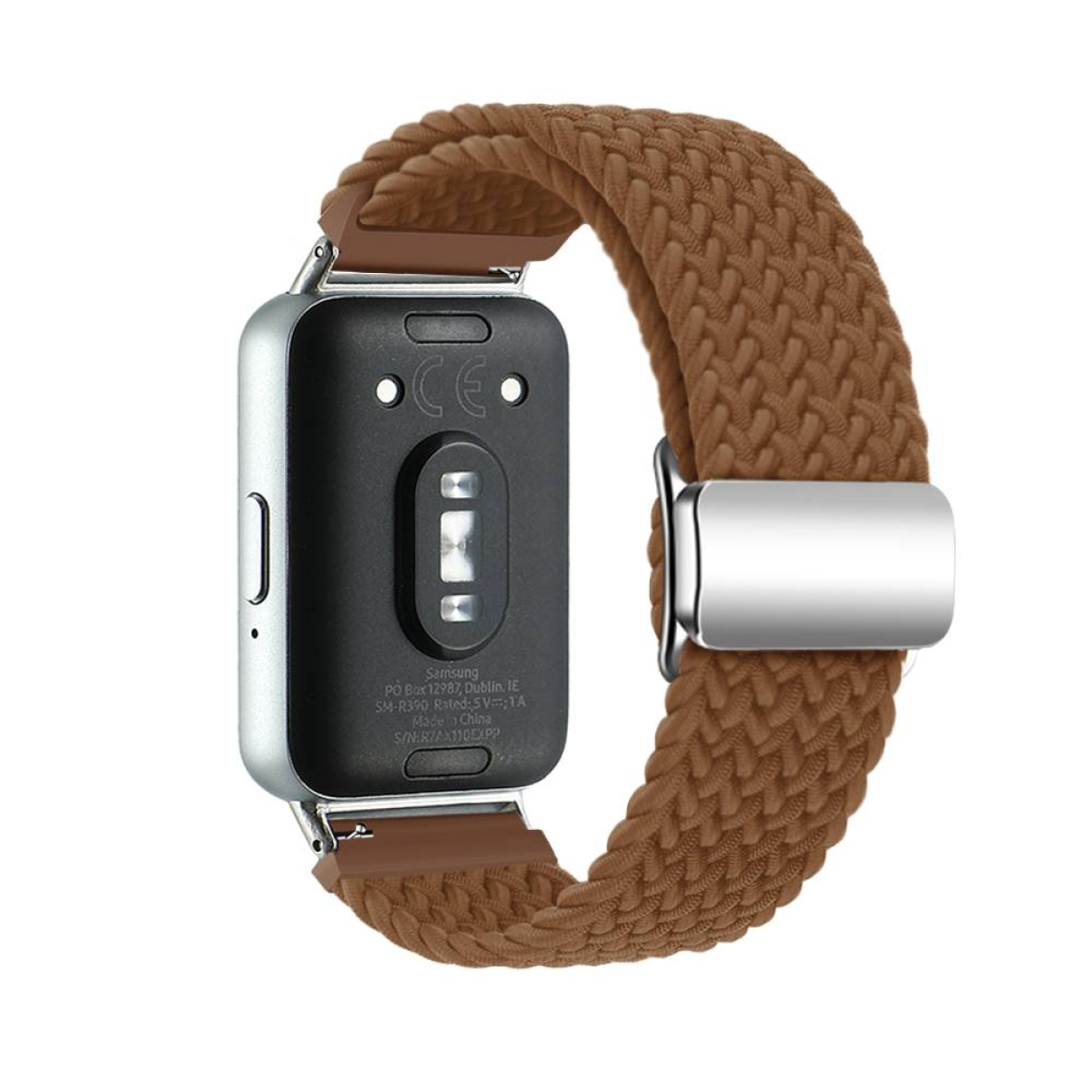 Eine Smartwatch mit braunem geflochtenem Armband. Die Rückseite der Uhr mit Informationen ist sichtbar.