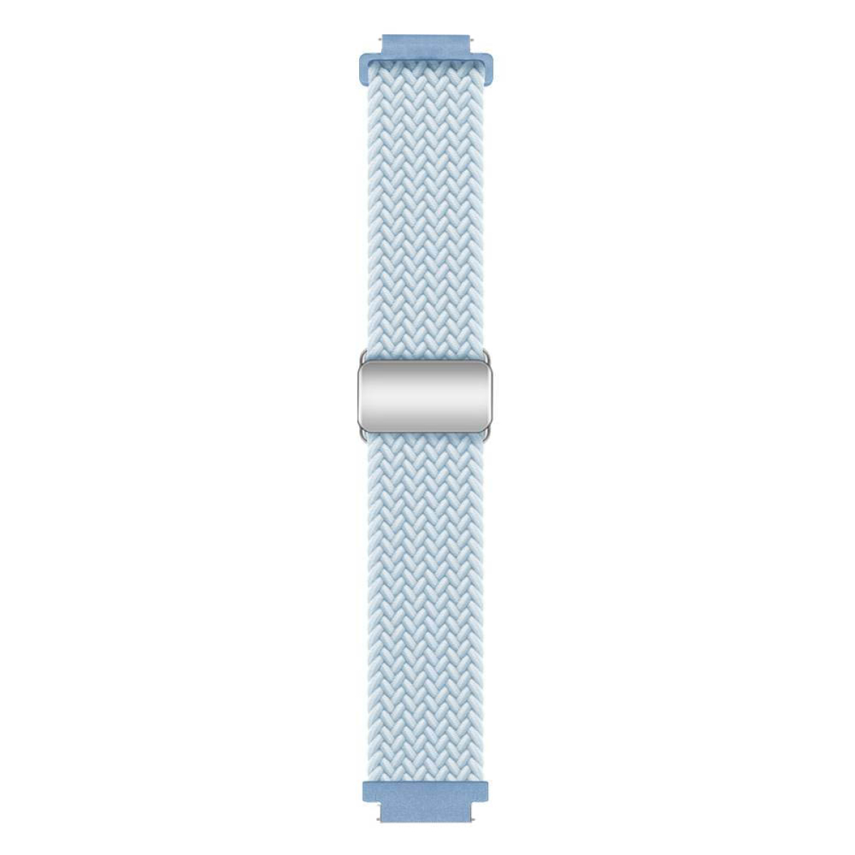 Hellblaues gewebtes Uhrenarmband mit silberner Schließe auf weißem Hintergrund.
