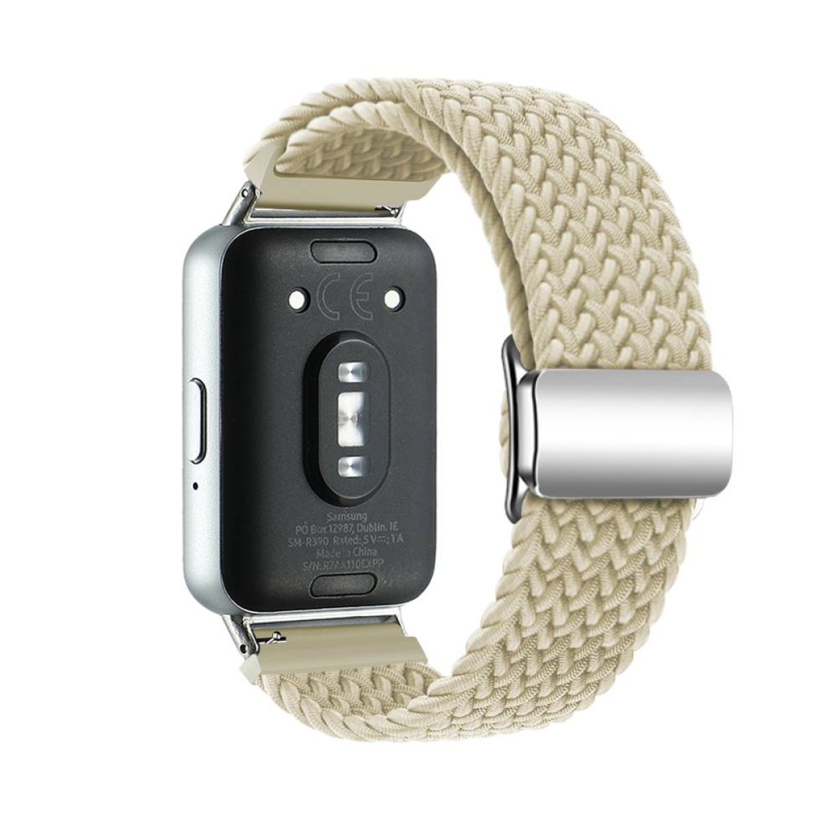 Eine Smartwatch mit einem beigefarbenen geflochtenen Armband.